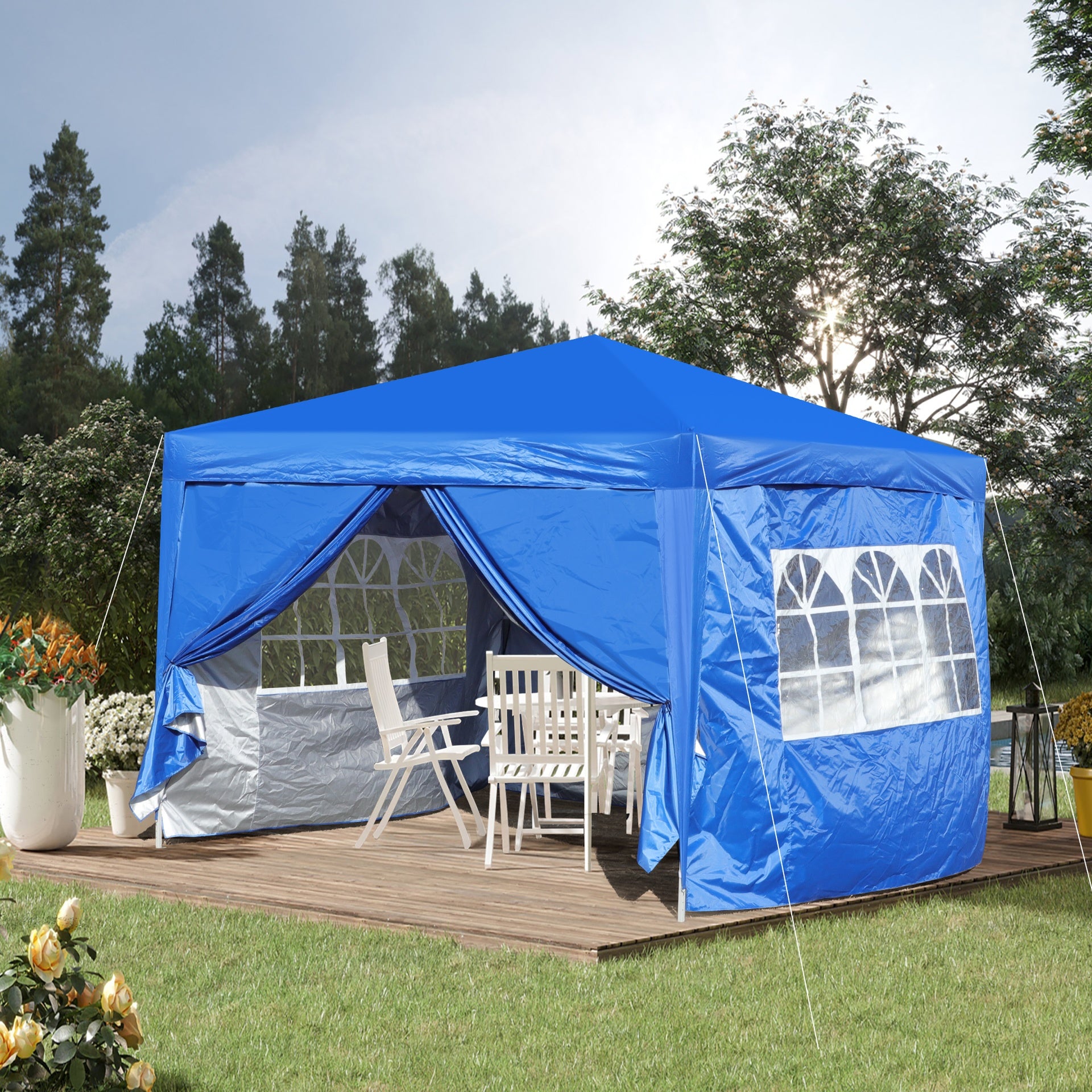 Outdoor 10x 10Ft Pop Up Gazebo Canopy  Tent Removable Sidewall with Zipper,2pcs Sidewall with Windows,with 4pcs Weight sand bag,with Carry Bag-Blue