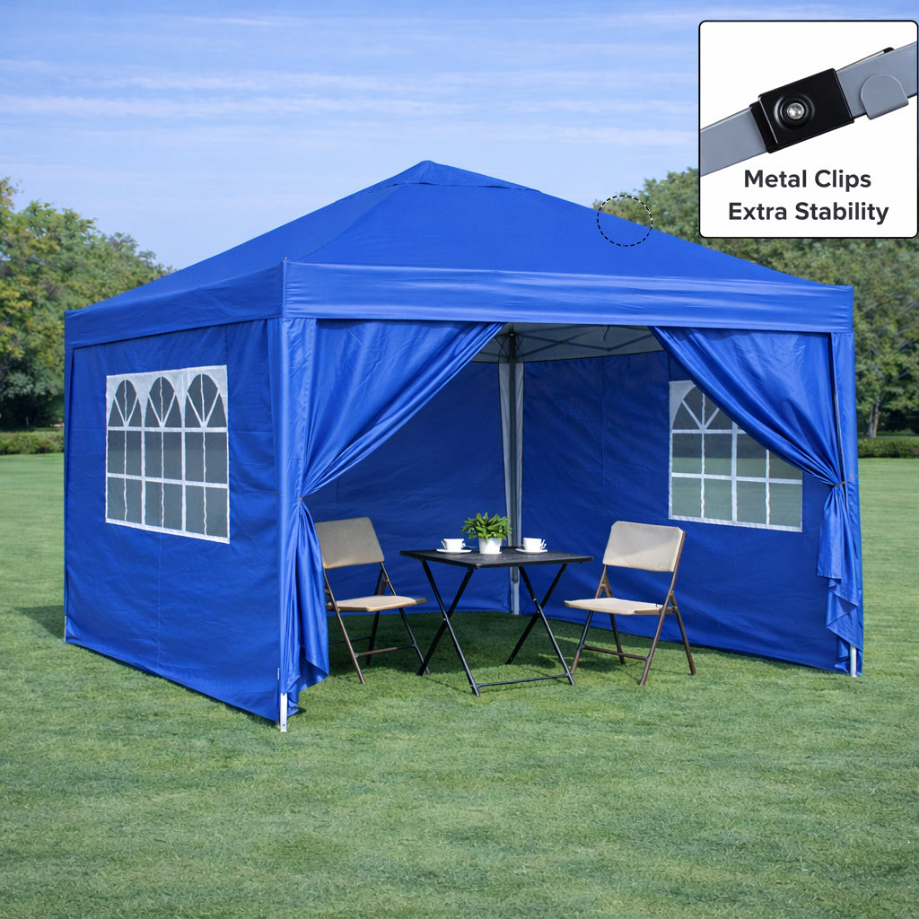 Outdoor 10x 10Ft Pop Up Gazebo Canopy  Tent Removable Sidewall with Zipper,2pcs Sidewall with Windows,with 4pcs Weight sand bag,with Carry Bag-Blue