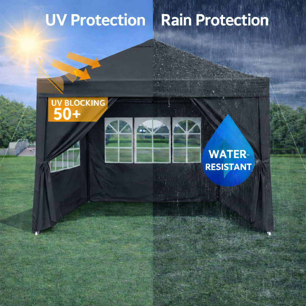 Outdoor 10x 10Ft Pop Up Gazebo Canopy Tent Removable Sidewall with Zipper,2pcs Sidewall with Windows,with 4pcs Weight sand bag,with Carry Bag-Black