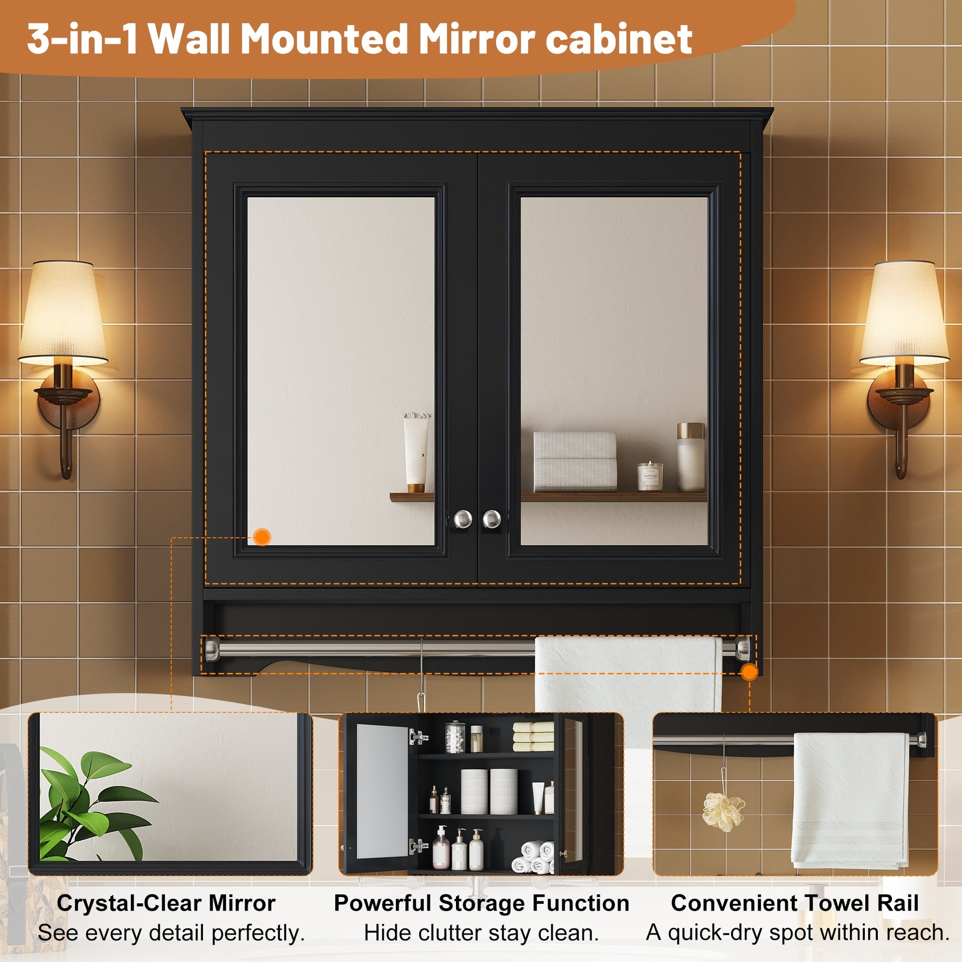 3-in-1 Bathroom Mirror Cabinet, 30 inch Wall Mounted Medicine Cabinet with Adjustable Shelves & Soft Close Doors, High-Define Mirror with Storage for Bathroom Vanity