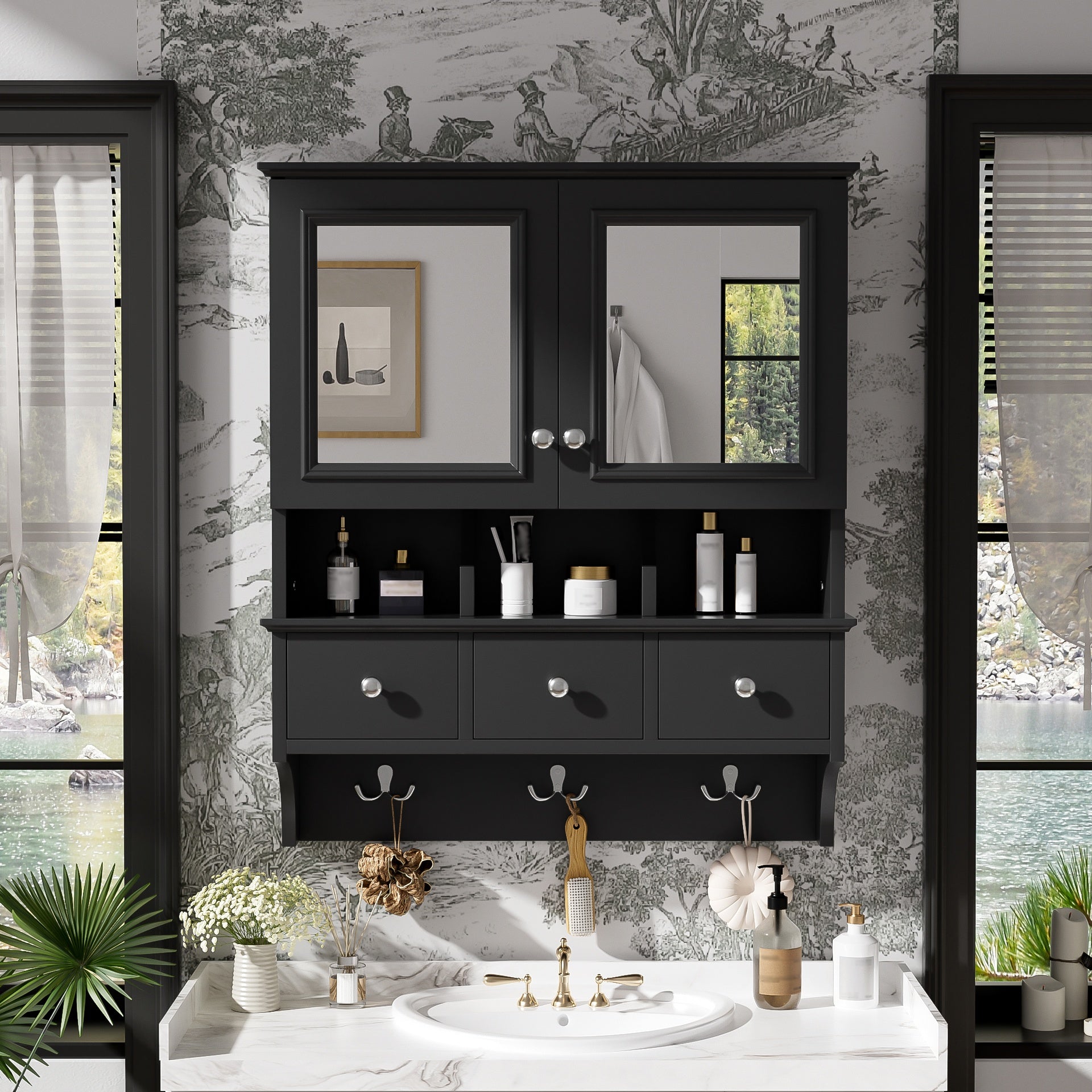 4-in-1 Bathroom Mirror Cabinet, 24-inch Wall Mounted Medicine Cabinet with Drawers & Organizer Hooks, High-Define Mirrors with Storage for Bathroom Vanity