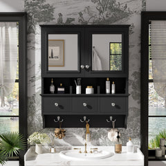 4-in-1 Bathroom Mirror Cabinet, 24-inch Wall Mounted Medicine Cabinet with Drawers & Organizer Hooks, High-Define Mirrors with Storage for Bathroom Vanity