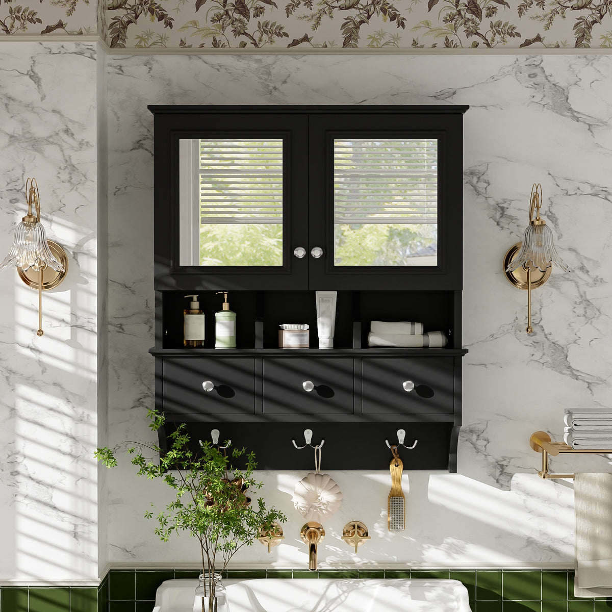 4-in-1 Bathroom Mirror Cabinet, 24-inch Wall Mounted Medicine Cabinet with Drawers & Organizer Hooks, High-Define Mirrors with Storage for Bathroom Vanity