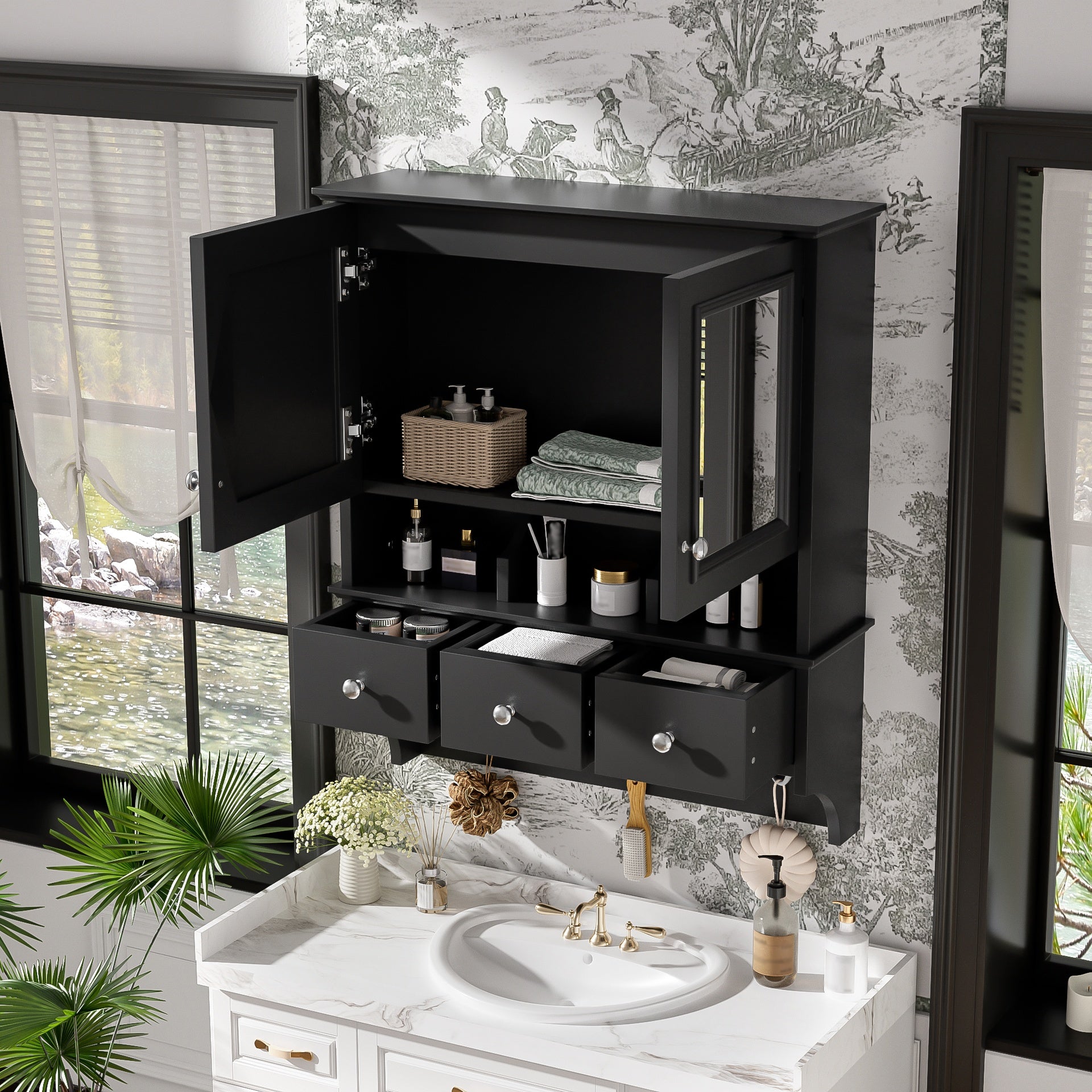 4-in-1 Bathroom Mirror Cabinet, 24-inch Wall Mounted Medicine Cabinet with Drawers & Organizer Hooks, High-Define Mirrors with Storage for Bathroom Vanity