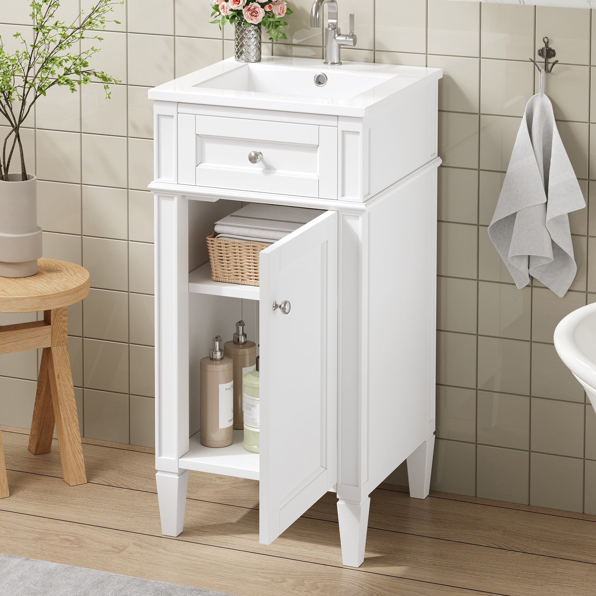 16-inch Bathroom Vanity with Ceramic Sink, Freestanding Single Vanity Set with Soft Closing Door, Adjustable Shelf, French Style, Solid Feet, White