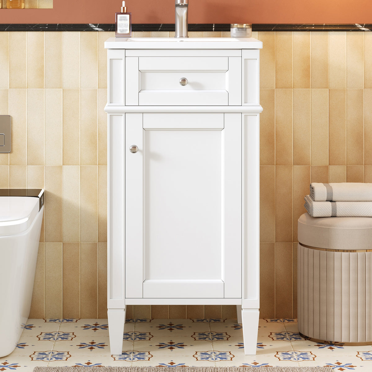 16-inch Bathroom Vanity with Ceramic Sink, Freestanding Single Vanity Set with Soft Closing Door, Adjustable Shelf, French Style, Solid Feet, White