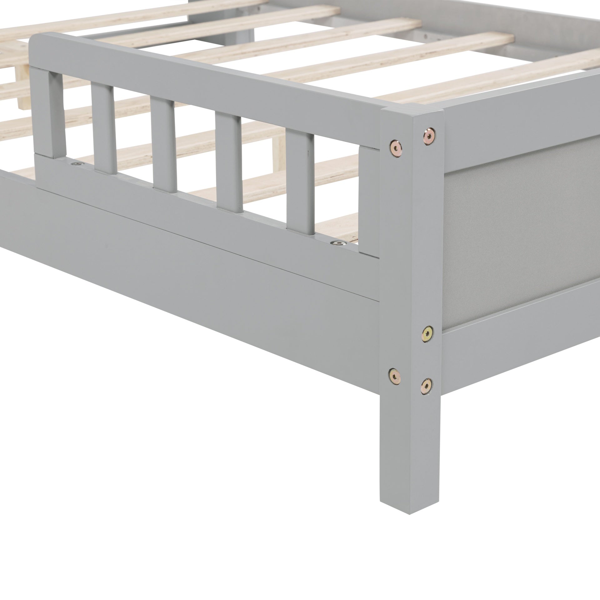 Full Pine Wood Bed with  Bookcase Headboard ,LED Motion Sensor Light,  Bed Guardrails,Grey