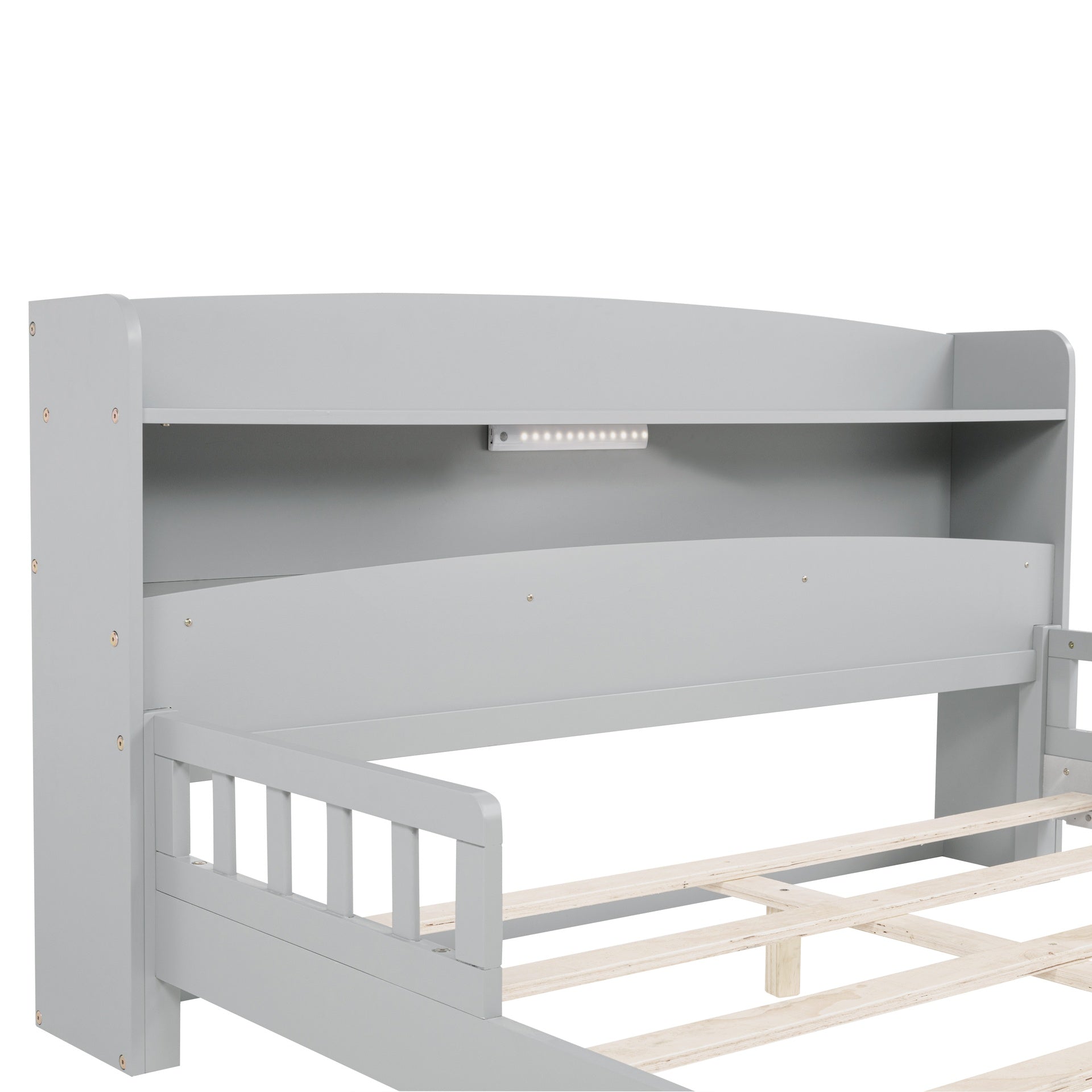 Full Pine Wood Bed with  Bookcase Headboard ,LED Motion Sensor Light,  Bed Guardrails,Grey