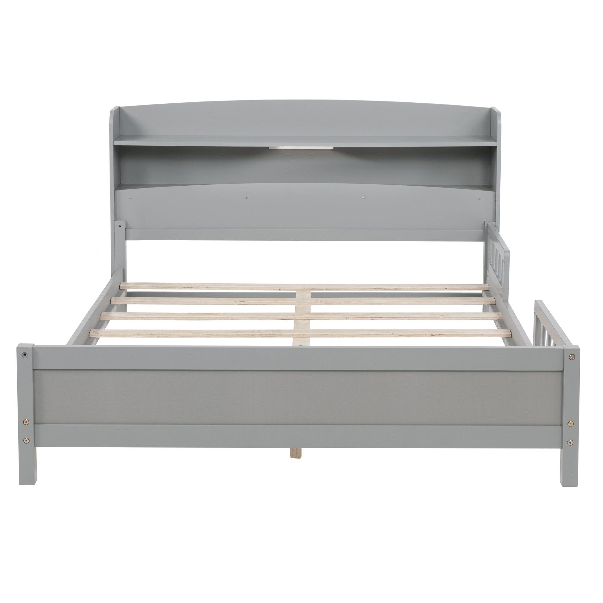 Full Pine Wood Bed with  Bookcase Headboard ,LED Motion Sensor Light,  Bed Guardrails,Grey