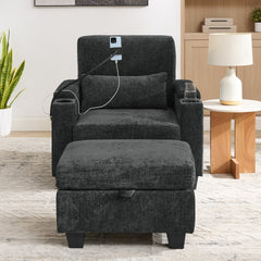 Single sofa recliner with manually adjustable backrest, USB charging port on the armrest side, phone stand included, hidden armrest storage, and a matching storage ottoman-Black