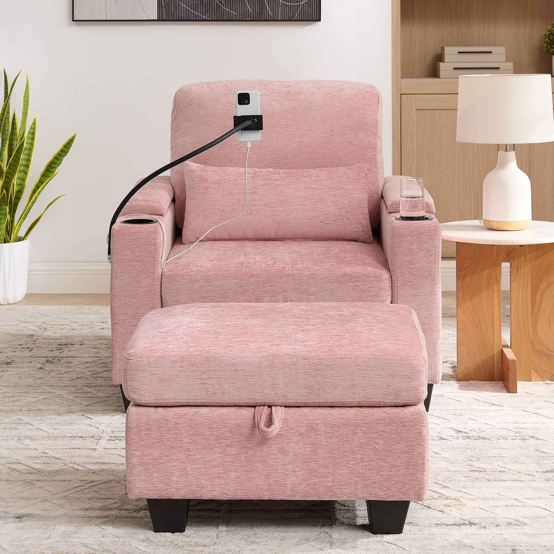 Single sofa recliner with manually adjustable backrest, USB charging port on the armrest side, phone stand included, hidden armrest storage, and a matching storage ottoman-Pink