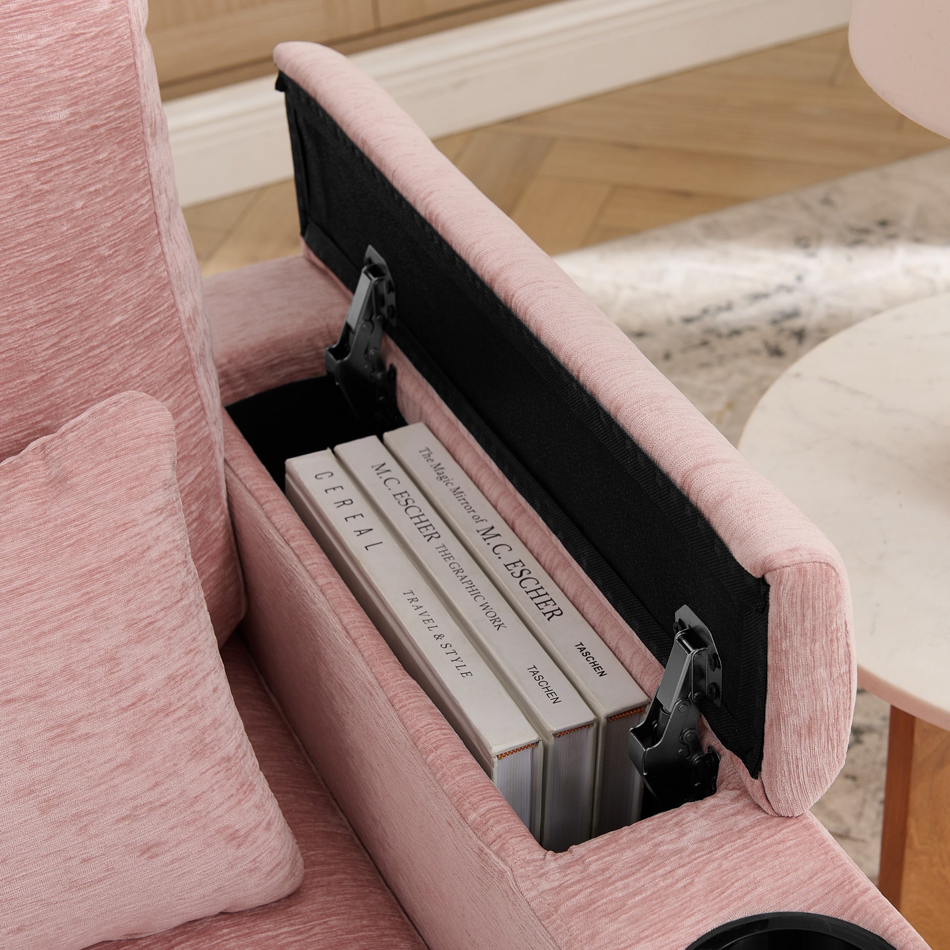 Single sofa recliner with manually adjustable backrest, USB charging port on the armrest side, phone stand included, hidden armrest storage, and a matching storage ottoman-Pink