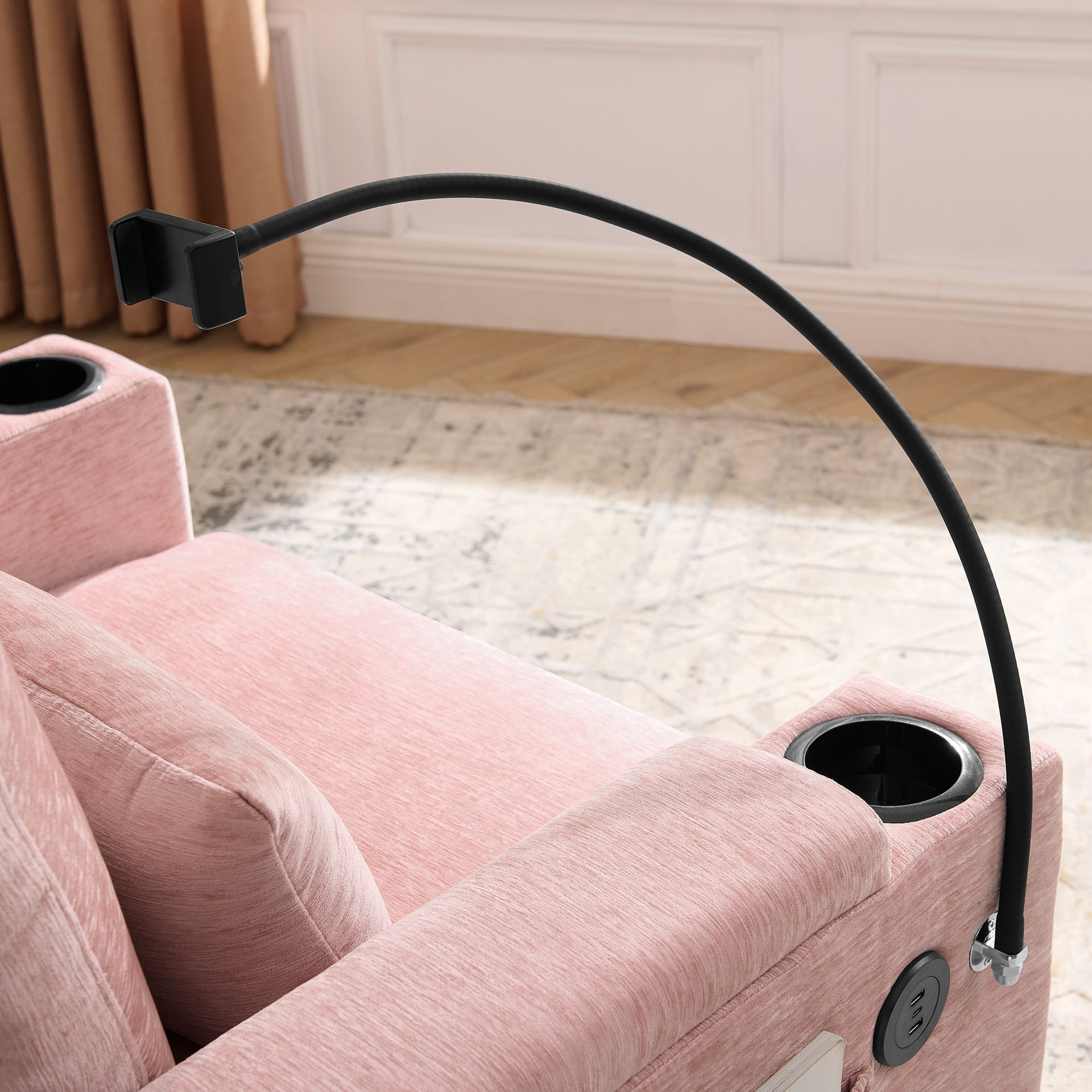 Single sofa recliner with manually adjustable backrest, USB charging port on the armrest side, phone stand included, hidden armrest storage, and a matching storage ottoman-Pink