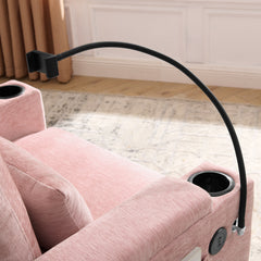 Single sofa recliner with manually adjustable backrest, USB charging port on the armrest side, phone stand included, hidden armrest storage, and a matching storage ottoman-Pink