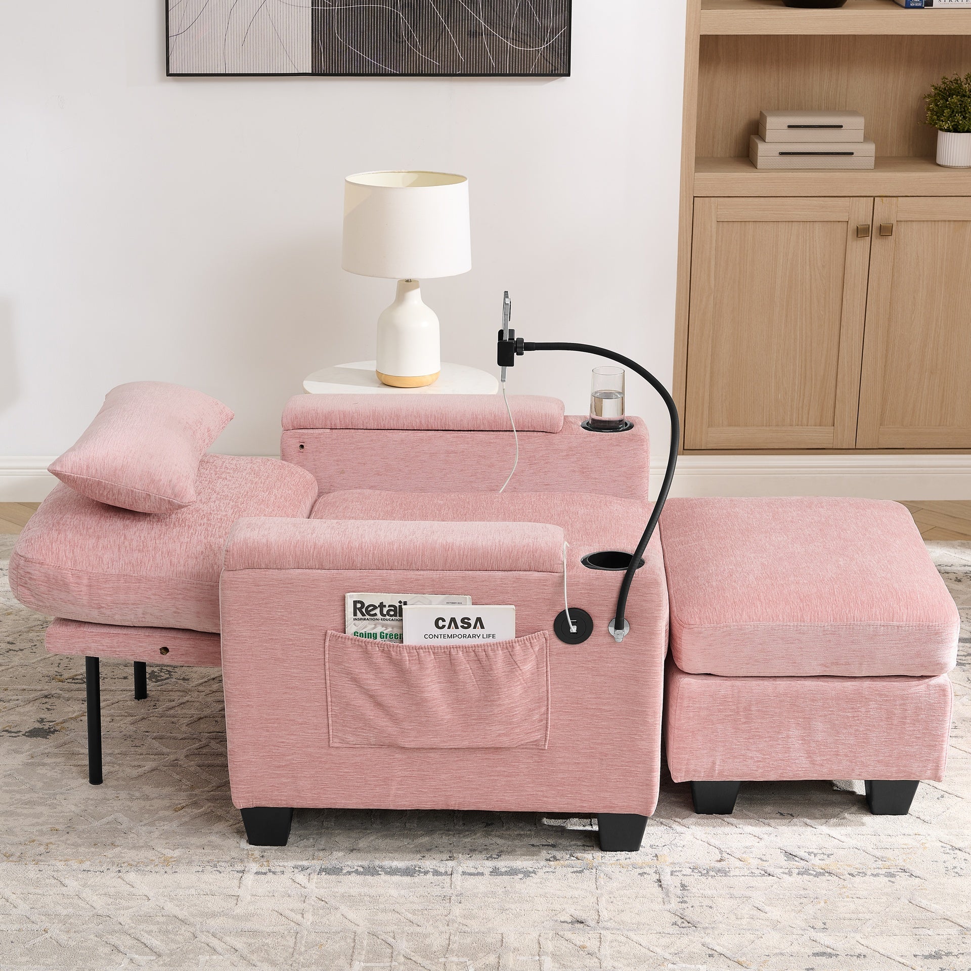 Single sofa recliner with manually adjustable backrest, USB charging port on the armrest side, phone stand included, hidden armrest storage, and a matching storage ottoman-Pink
