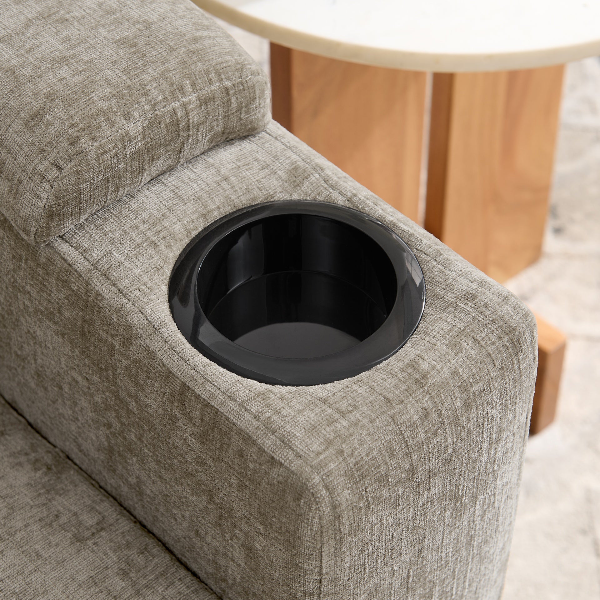 Single sofa recliner with manually adjustable backrest, USB charging port on the armrest side, phone stand included, hidden armrest storage, and a matching storage ottoman-Brown