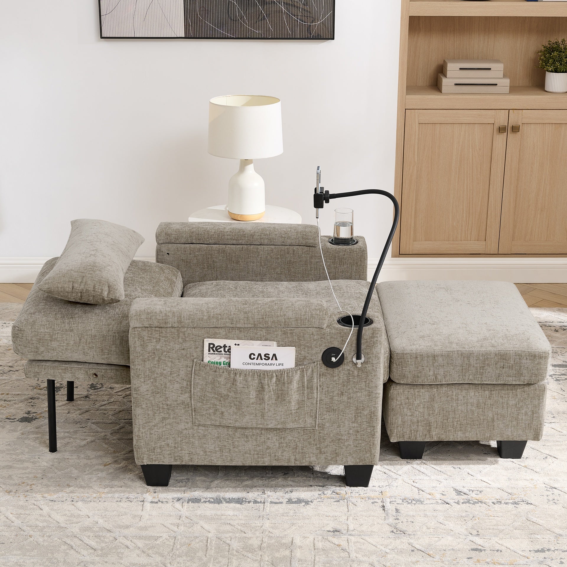 Single sofa recliner with manually adjustable backrest, USB charging port on the armrest side, phone stand included, hidden armrest storage, and a matching storage ottoman-Brown