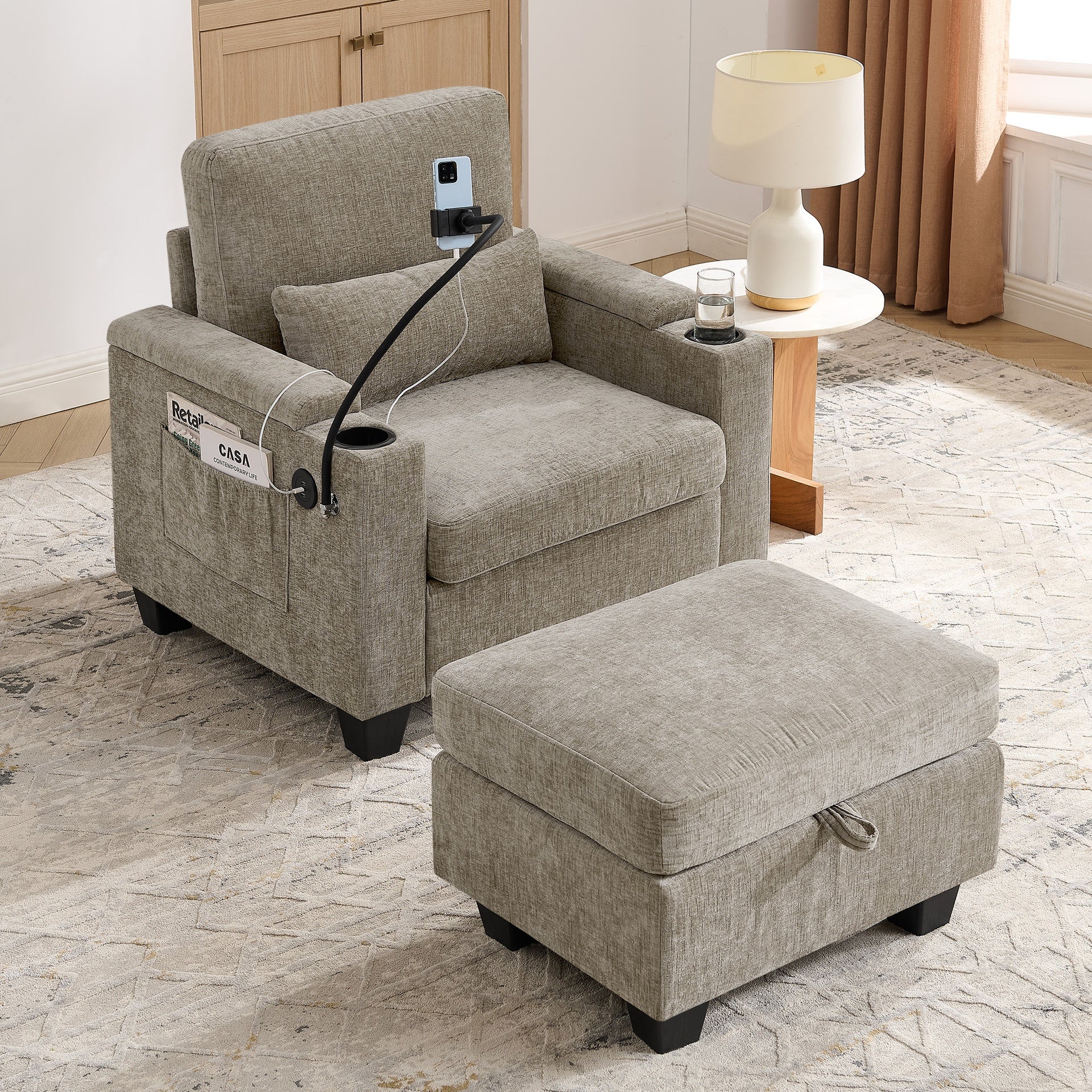 Single sofa recliner with manually adjustable backrest, USB charging port on the armrest side, phone stand included, hidden armrest storage, and a matching storage ottoman-Brown