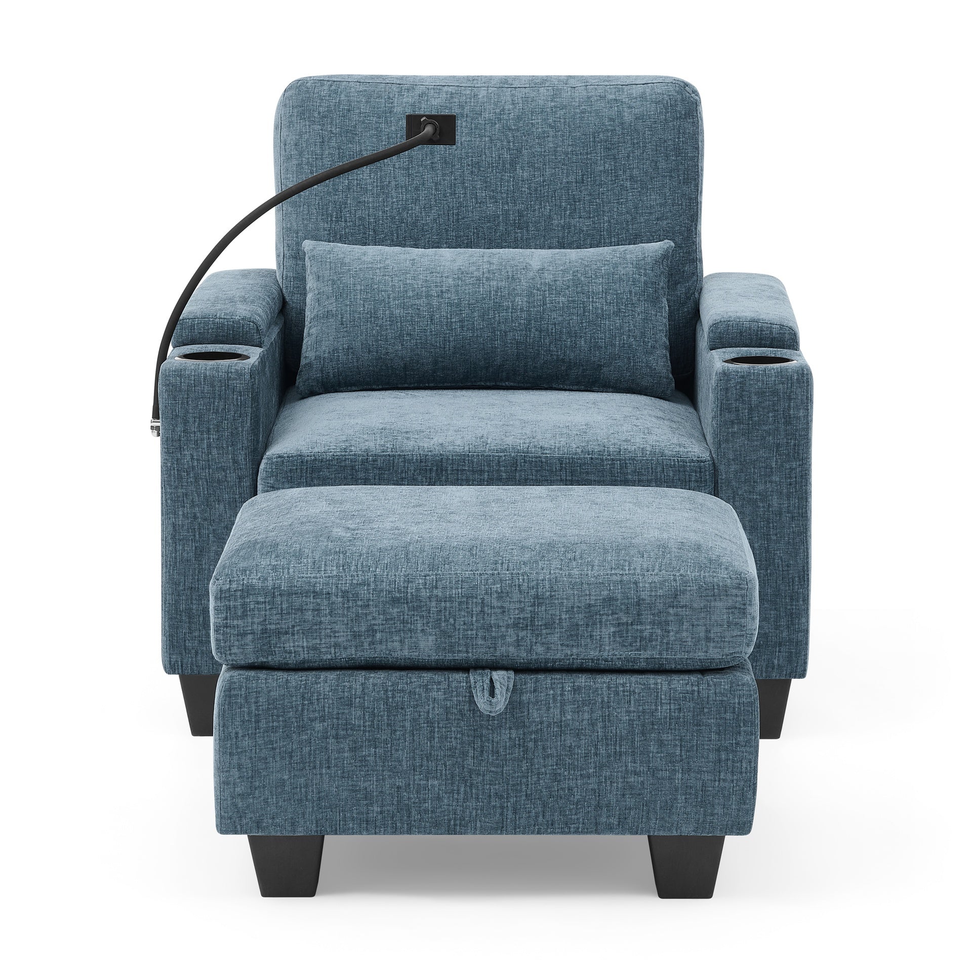 Single sofa recliner with manually adjustable backrest, USB charging port on the armrest side, phone stand included, hidden armrest storage, and a matching storage ottoman-Blue