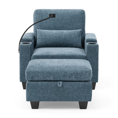 Single sofa recliner with manually adjustable backrest, USB charging port on the armrest side, phone stand included, hidden armrest storage, and a matching storage ottoman-Blue