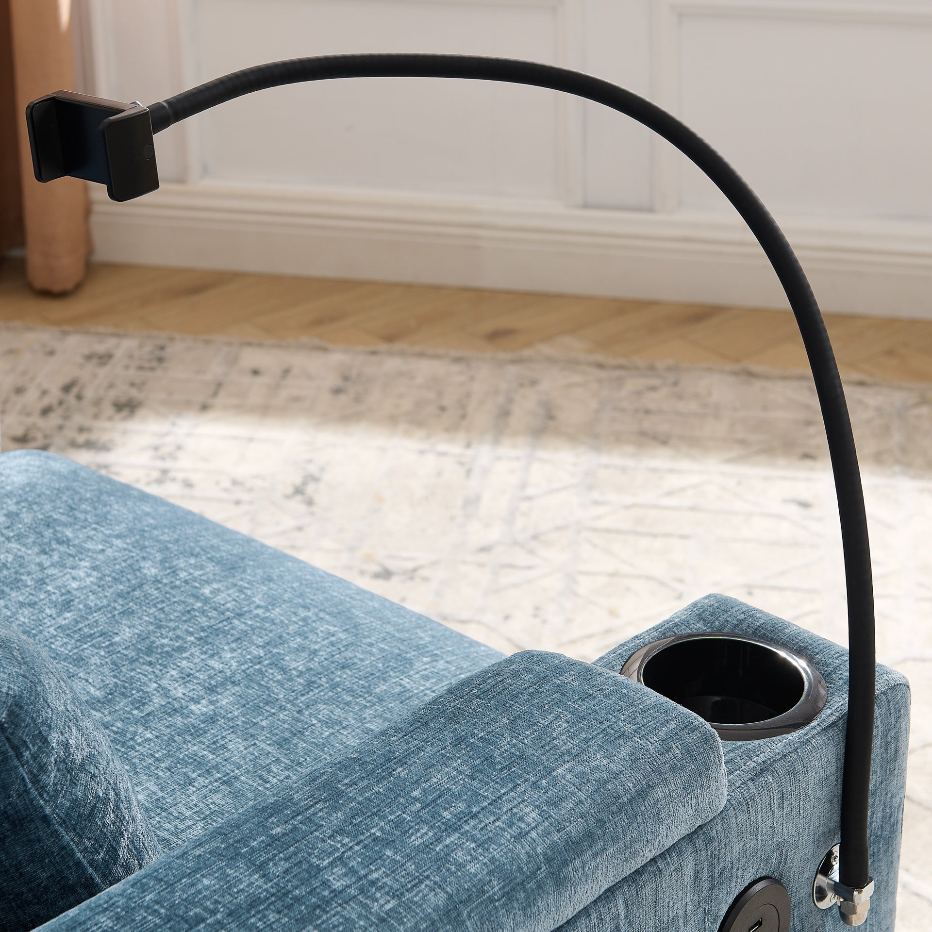 Single sofa recliner with manually adjustable backrest, USB charging port on the armrest side, phone stand included, hidden armrest storage, and a matching storage ottoman-Blue