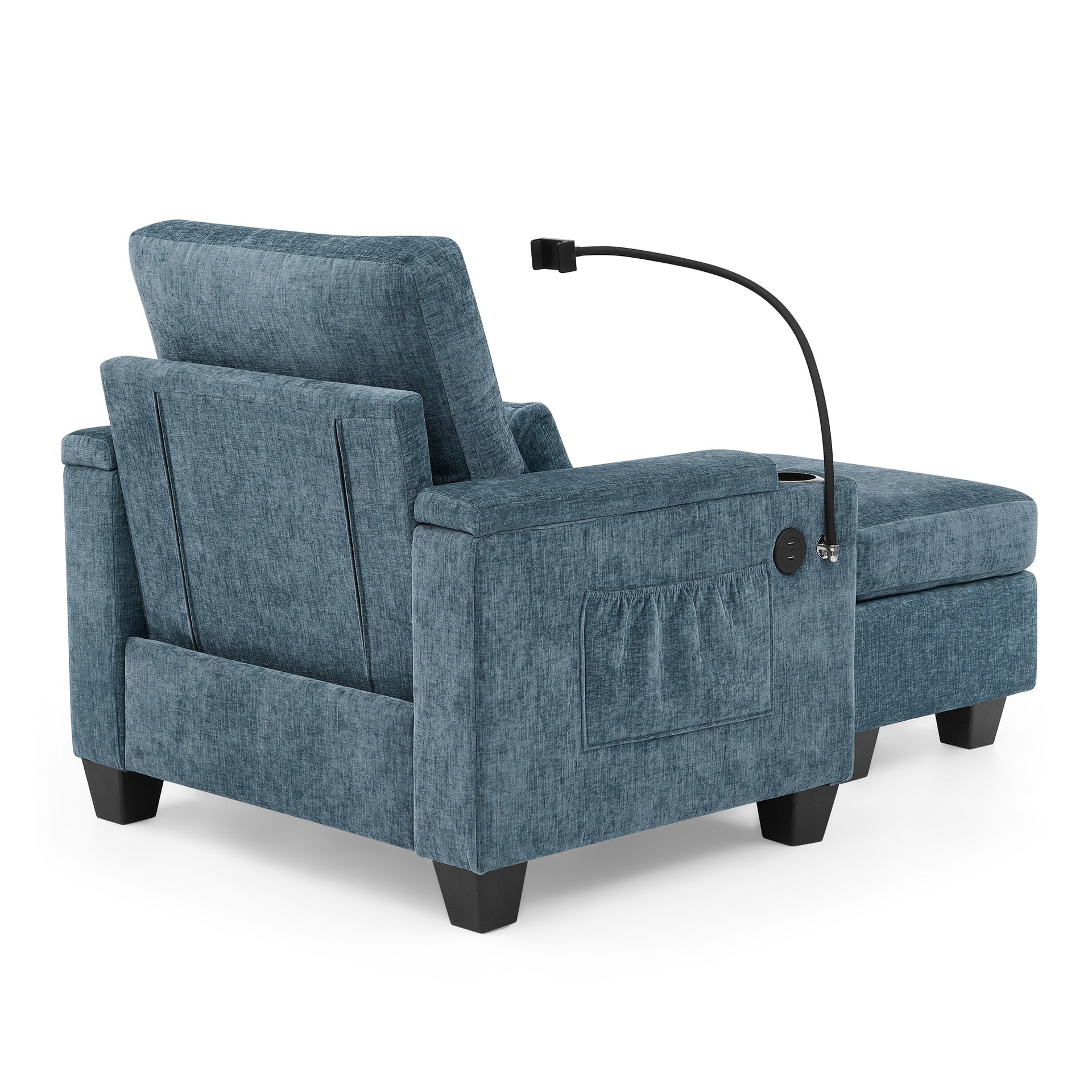 Single sofa recliner with manually adjustable backrest, USB charging port on the armrest side, phone stand included, hidden armrest storage, and a matching storage ottoman-Blue