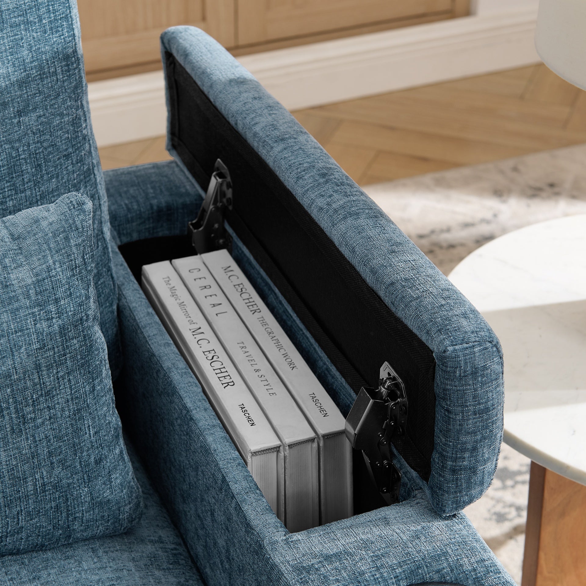 Single sofa recliner with manually adjustable backrest, USB charging port on the armrest side, phone stand included, hidden armrest storage, and a matching storage ottoman-Blue