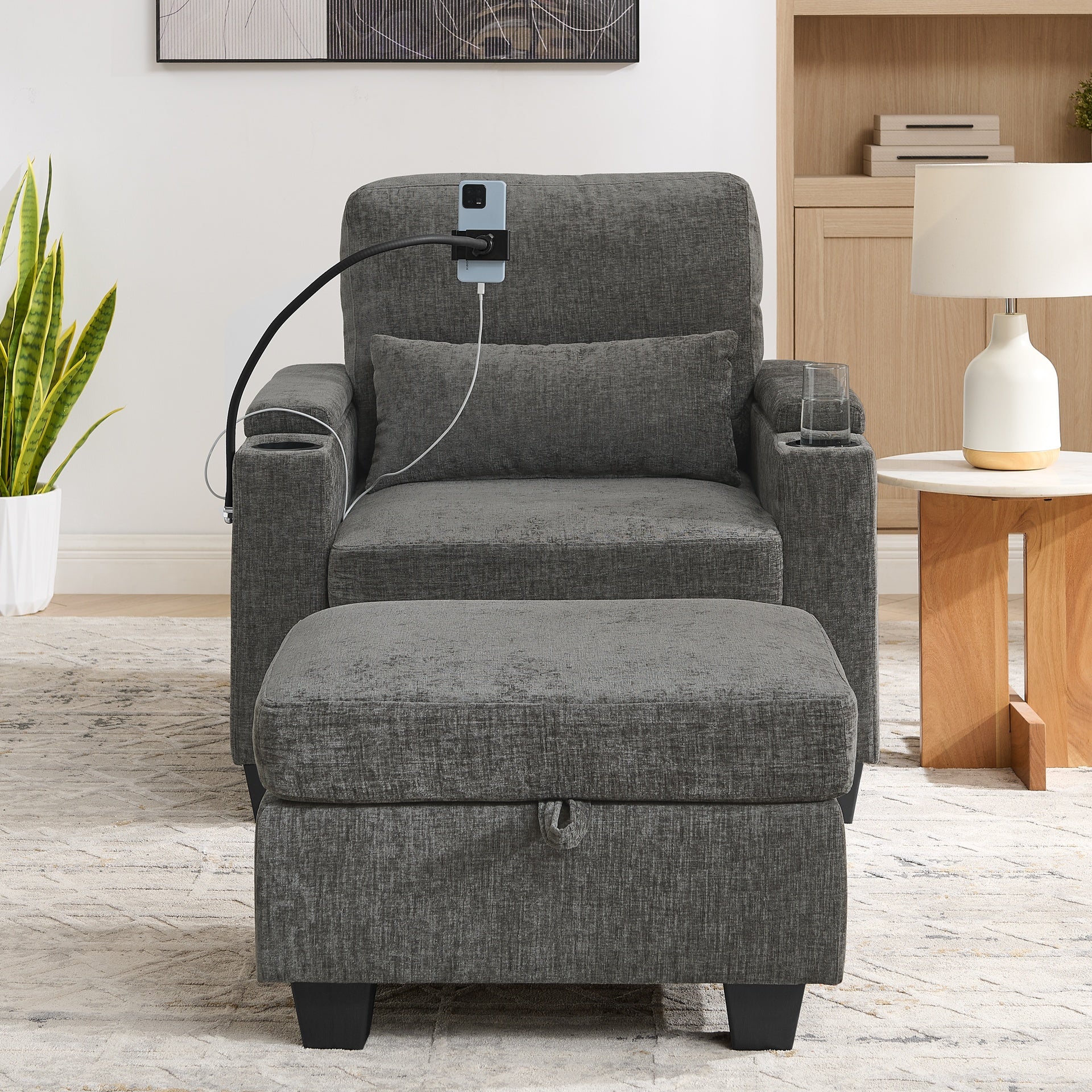 Single sofa recliner with manually adjustable backrest, USB charging port on the armrest side, phone stand included, hidden armrest storage, and a matching storage ottoman-Gray