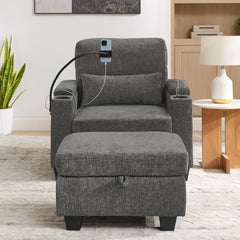 Single sofa recliner with manually adjustable backrest, USB charging port on the armrest side, phone stand included, hidden armrest storage, and a matching storage ottoman-Gray