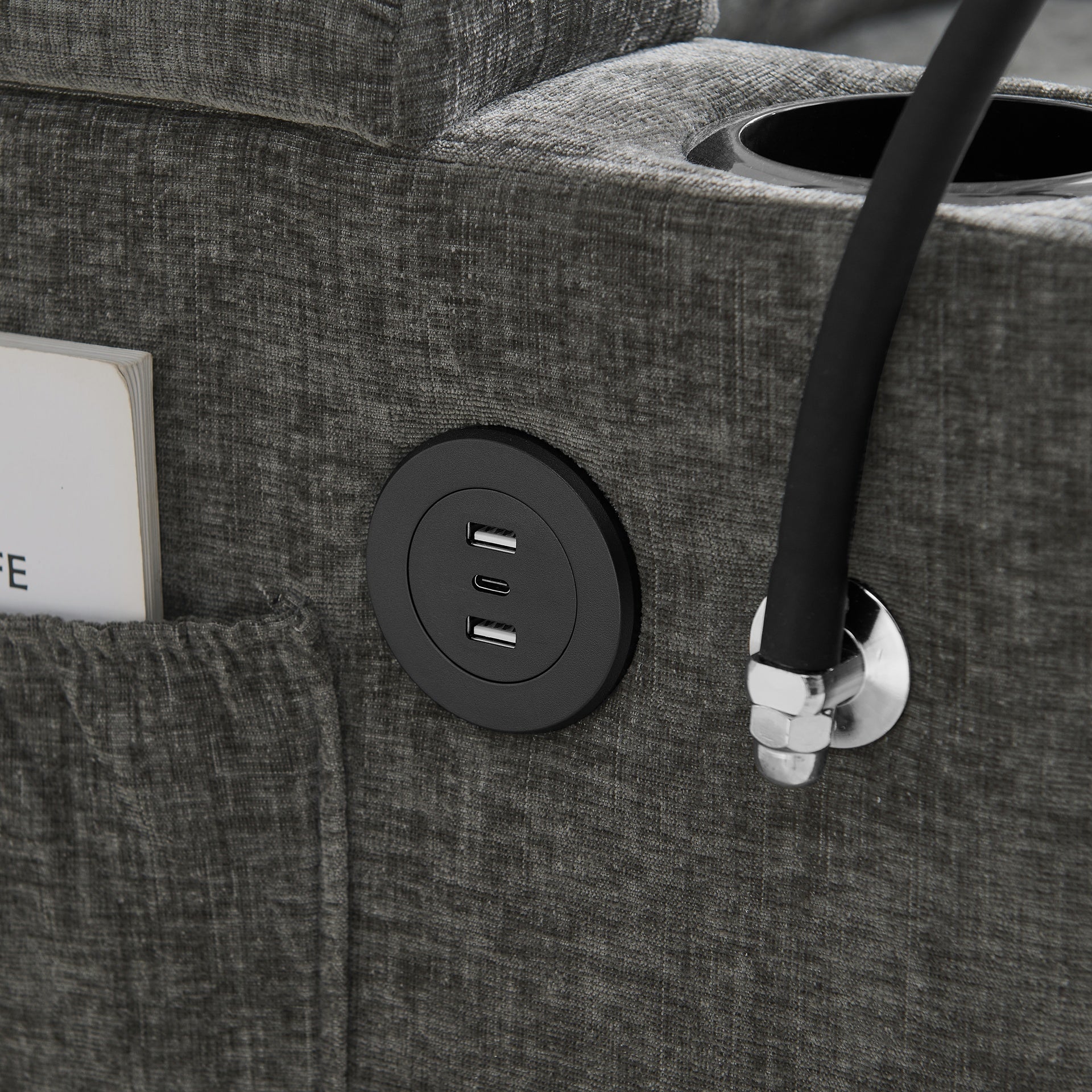 Single sofa recliner with manually adjustable backrest, USB charging port on the armrest side, phone stand included, hidden armrest storage, and a matching storage ottoman-Gray