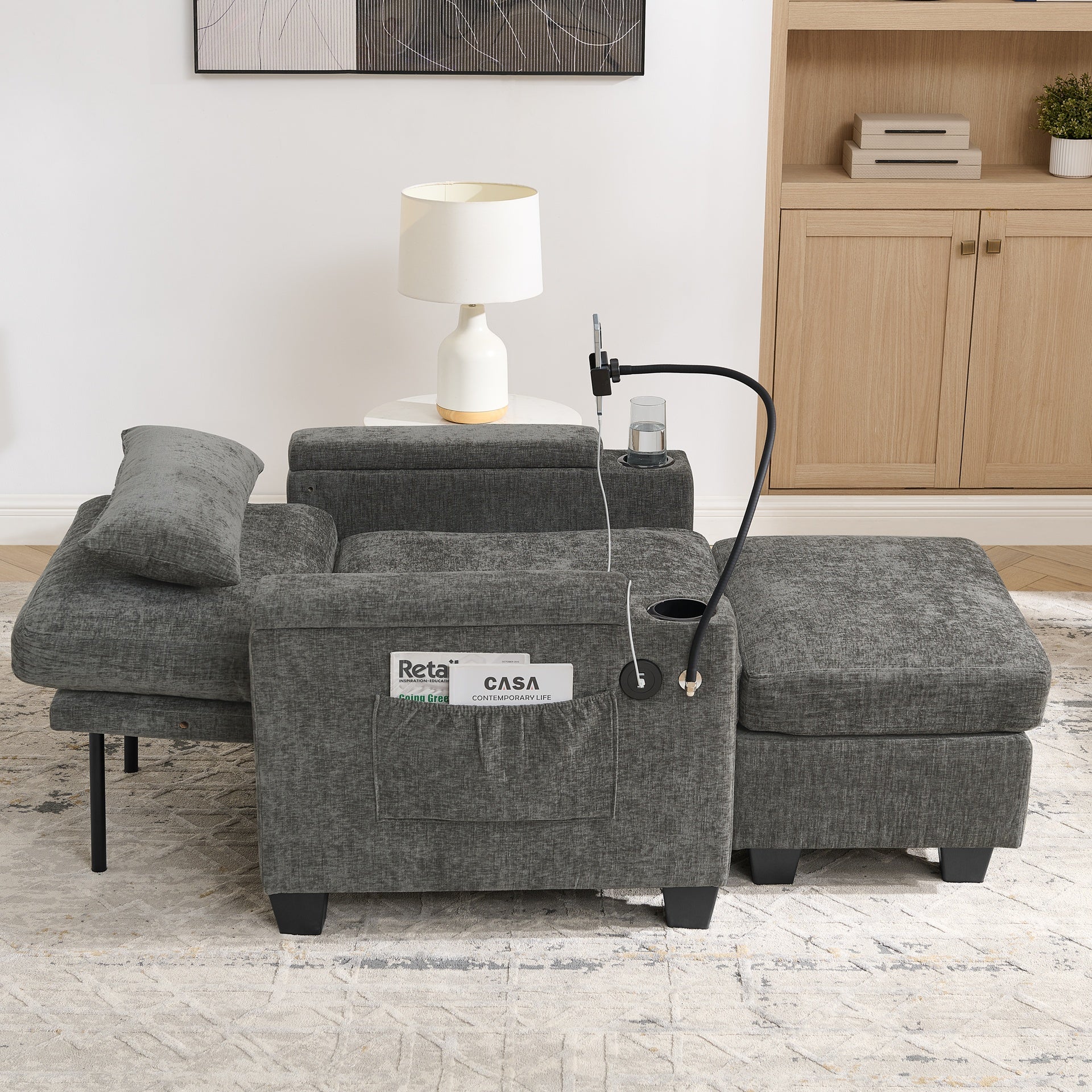 Single sofa recliner with manually adjustable backrest, USB charging port on the armrest side, phone stand included, hidden armrest storage, and a matching storage ottoman-Gray
