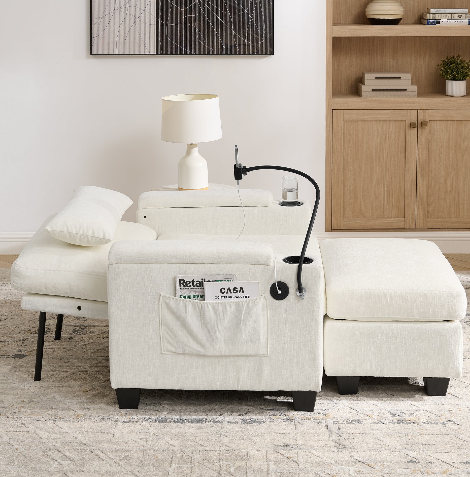 Single sofa recliner with manually adjustable backrest, USB charging port on the armrest side, phone stand included, hidden armrest storage, and a matching storage ottoman-Beige