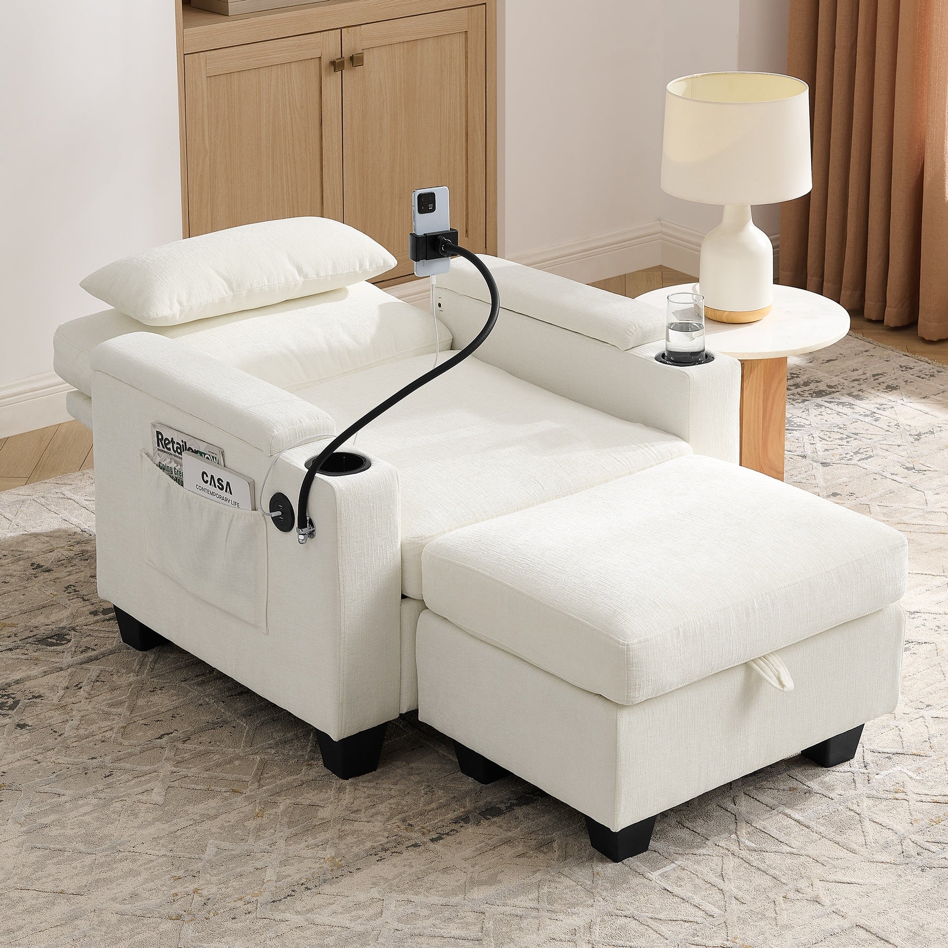Single sofa recliner with manually adjustable backrest, USB charging port on the armrest side, phone stand included, hidden armrest storage, and a matching storage ottoman-Beige