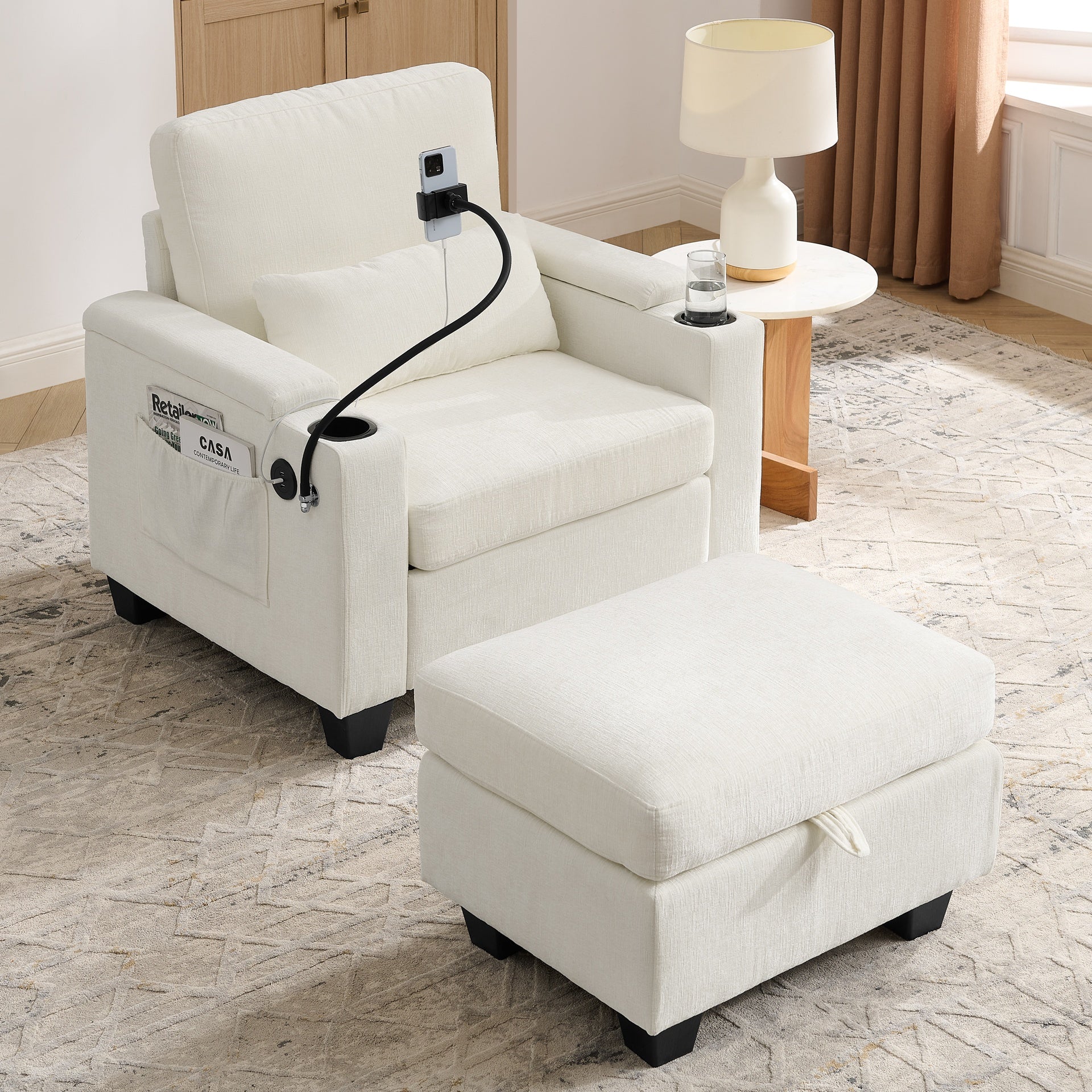 Single sofa recliner with manually adjustable backrest, USB charging port on the armrest side, phone stand included, hidden armrest storage, and a matching storage ottoman-Beige