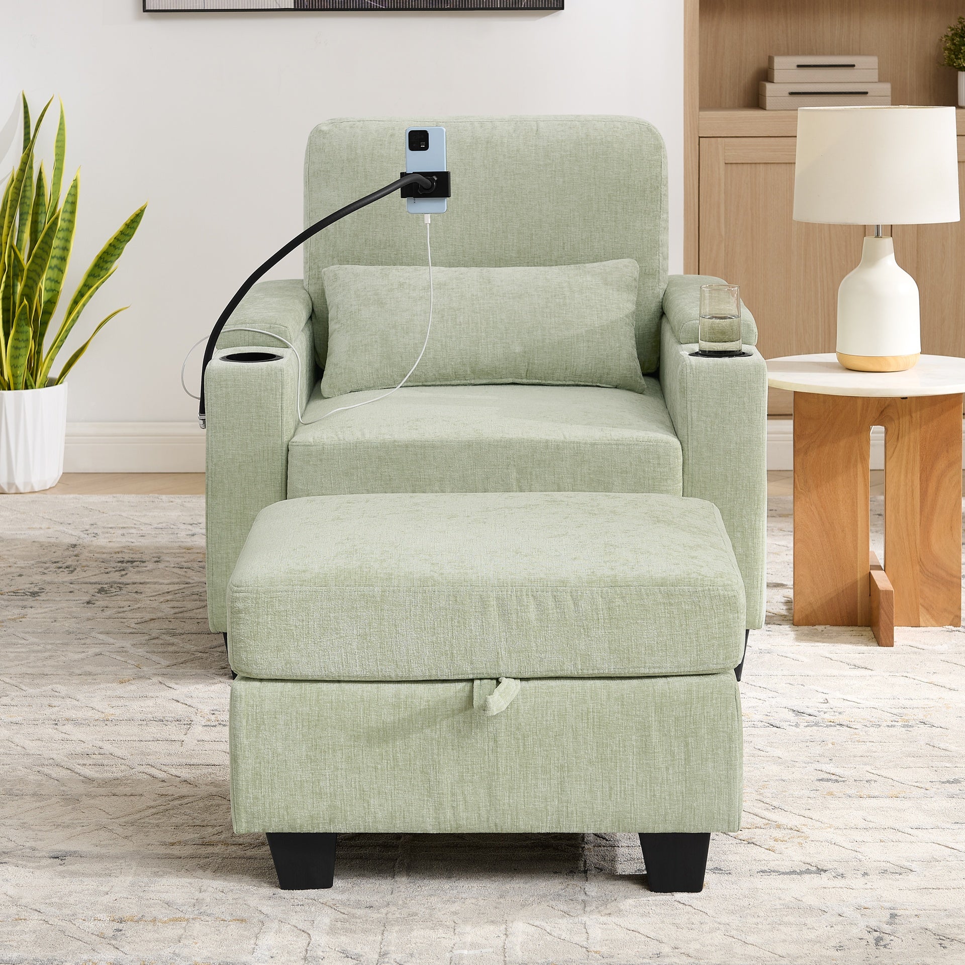 Single sofa recliner with manually adjustable backrest, USB charging port on the armrest side, phone stand included, hidden armrest storage, and a matching storage ottoman-Cyan