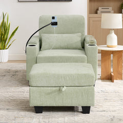 Single sofa recliner with manually adjustable backrest, USB charging port on the armrest side, phone stand included, hidden armrest storage, and a matching storage ottoman-Cyan