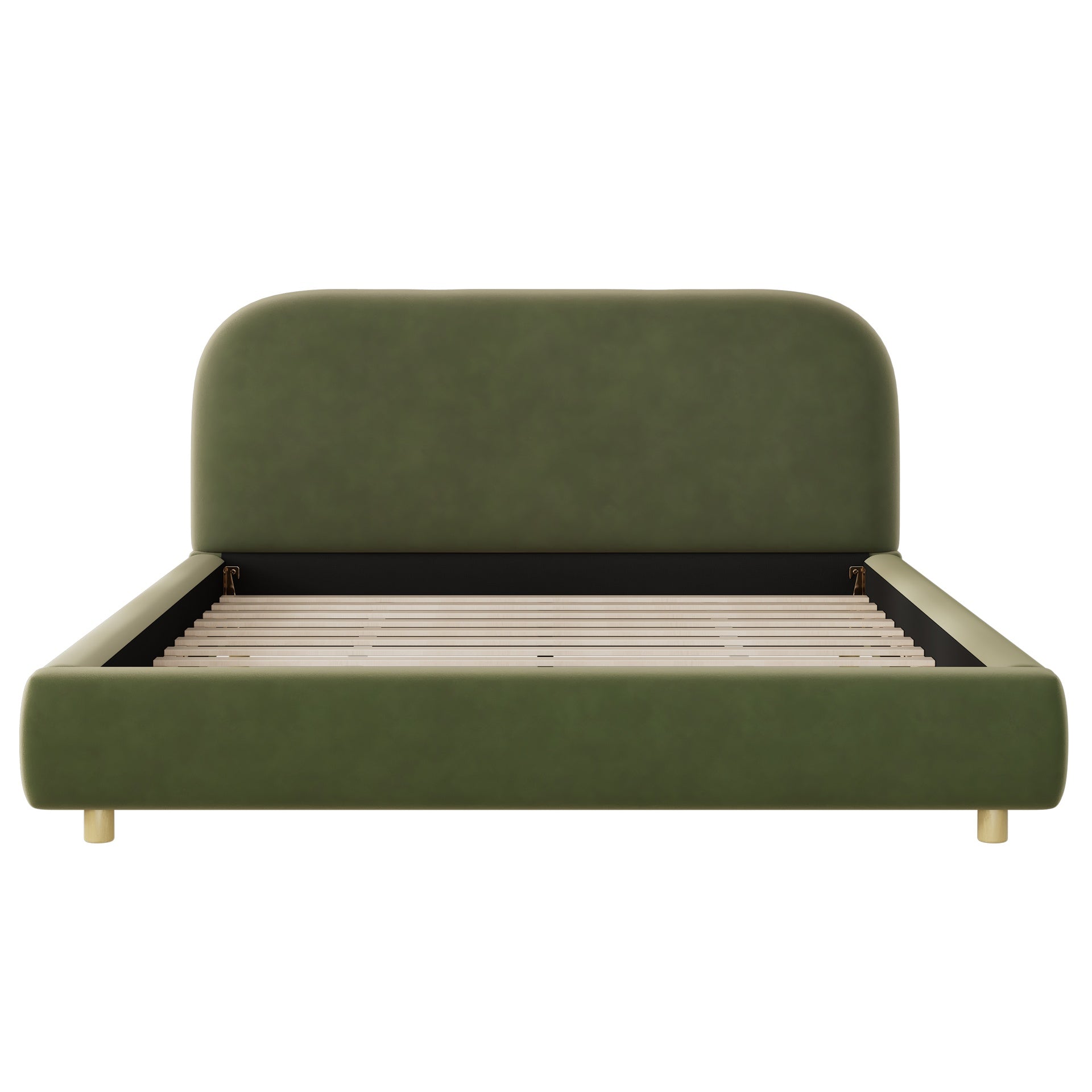Queen Size Platform Bed with Velvet Fabric, Upholstered Bed with Curve Design Thick Headboard, Olive Green
