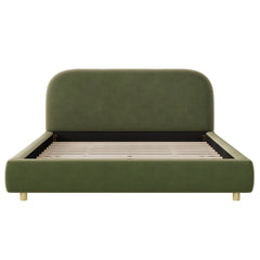 Queen Size Platform Bed with Velvet Fabric, Upholstered Bed with Curve Design Thick Headboard, Olive Green