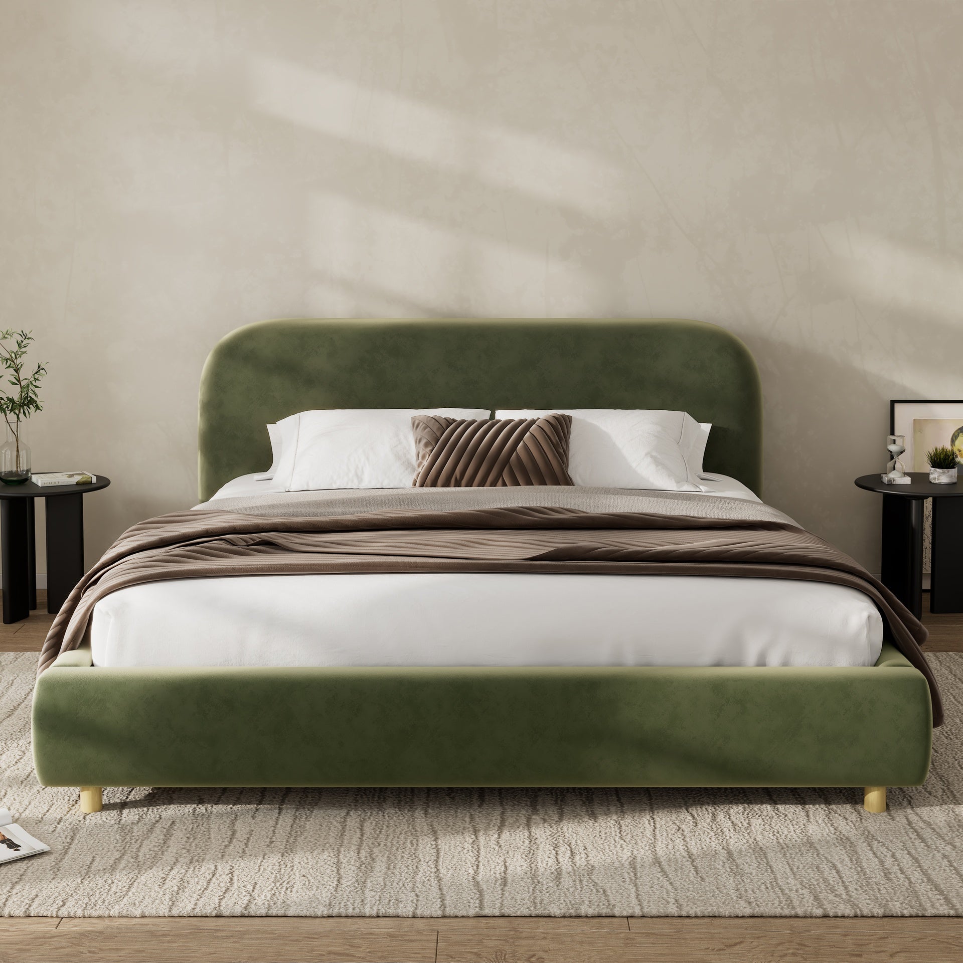 Queen Size Platform Bed with Velvet Fabric, Upholstered Bed with Curve Design Thick Headboard, Olive Green