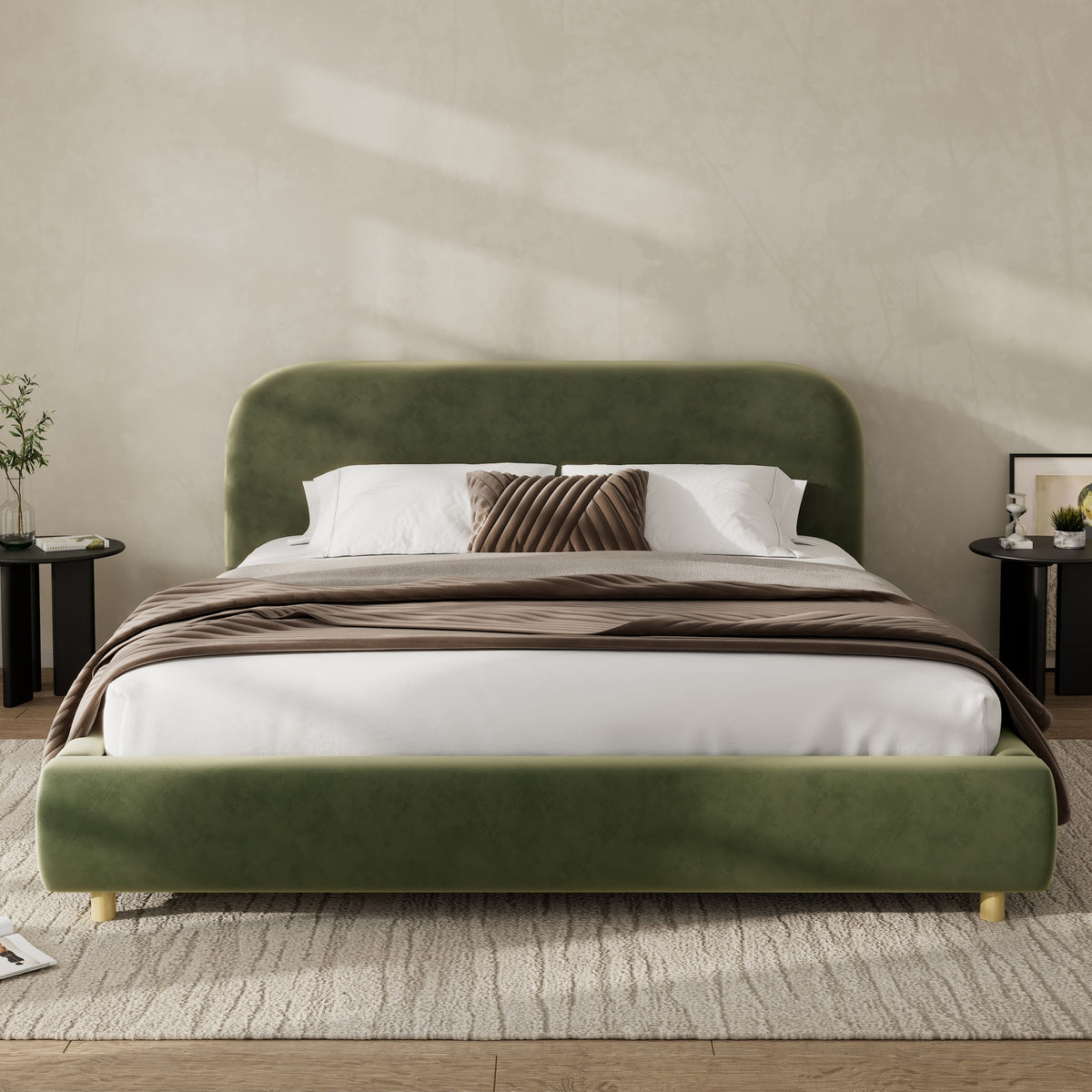 Queen Size Platform Bed with Velvet Fabric, Upholstered Bed with Curve Design Thick Headboard, Olive Green