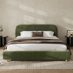 Queen Size Platform Bed with Velvet Fabric, Upholstered Bed with Curve Design Thick Headboard, Olive Green