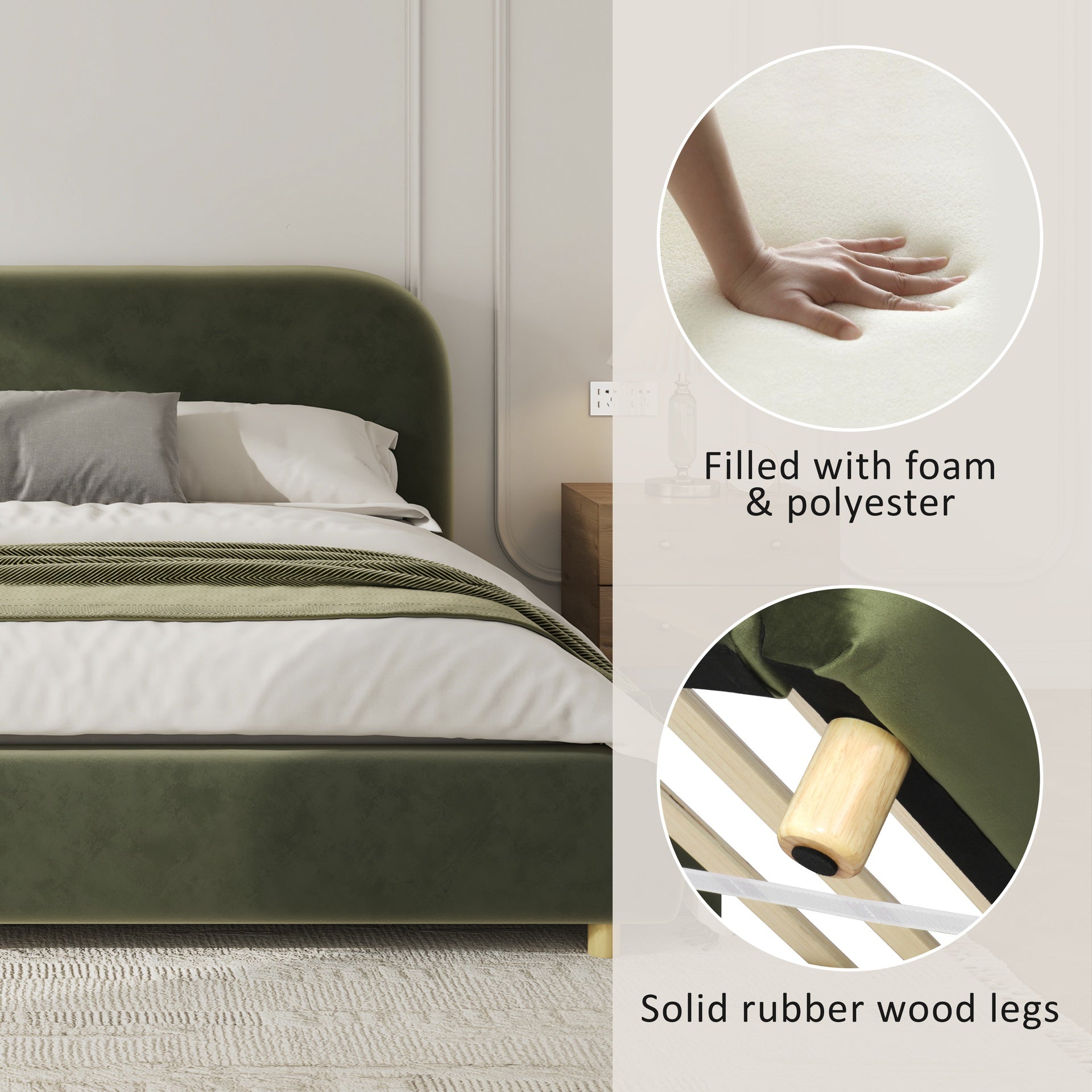 Queen Size Platform Bed with Velvet Fabric, Upholstered Bed with Curve Design Thick Headboard, Olive Green