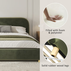 Queen Size Platform Bed with Velvet Fabric, Upholstered Bed with Curve Design Thick Headboard, Olive Green