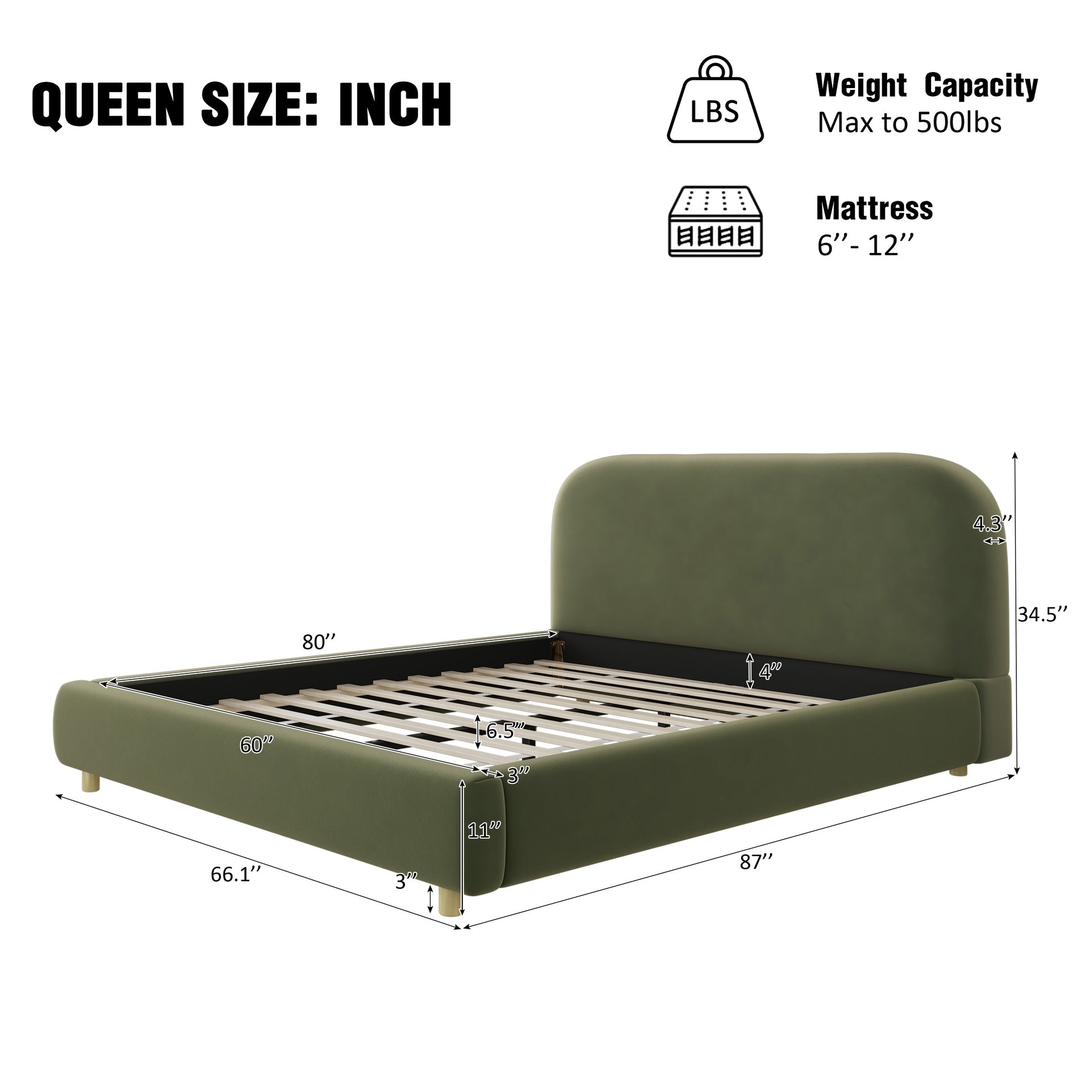 Queen Size Platform Bed with Velvet Fabric, Upholstered Bed with Curve Design Thick Headboard, Olive Green