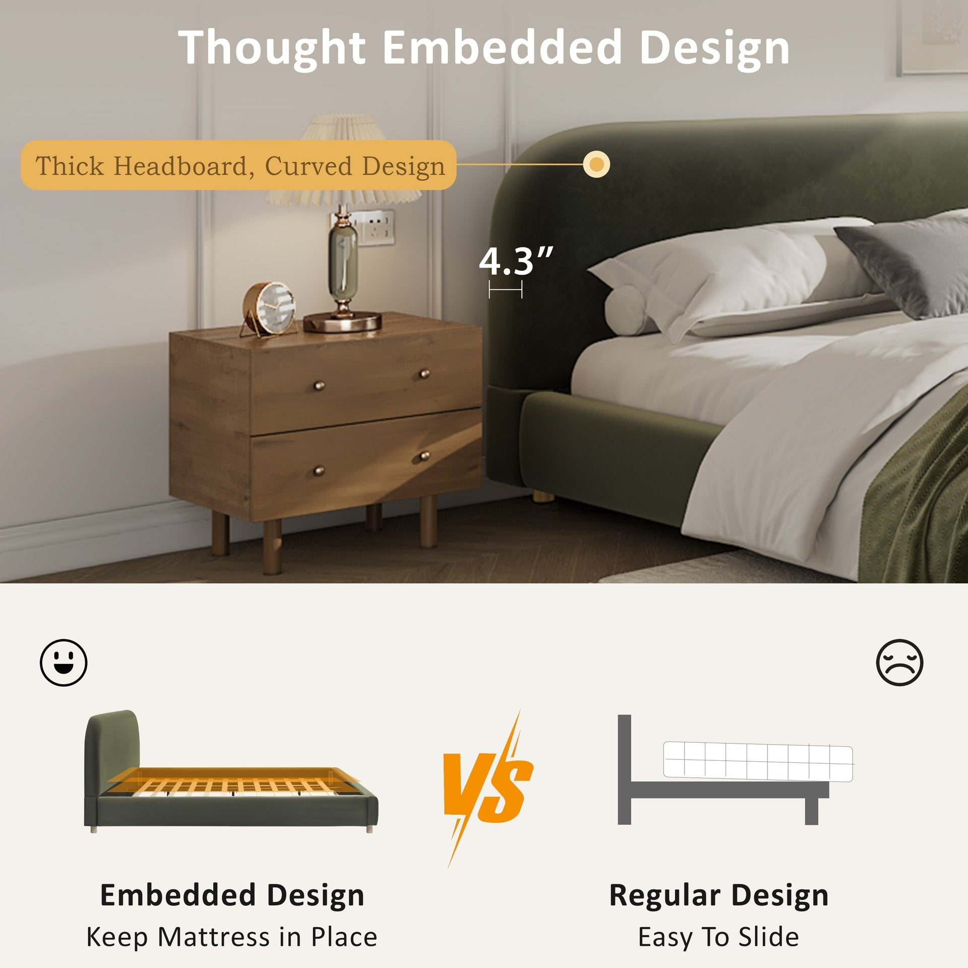 Queen Size Platform Bed with Velvet Fabric, Upholstered Bed with Curve Design Thick Headboard, Olive Green