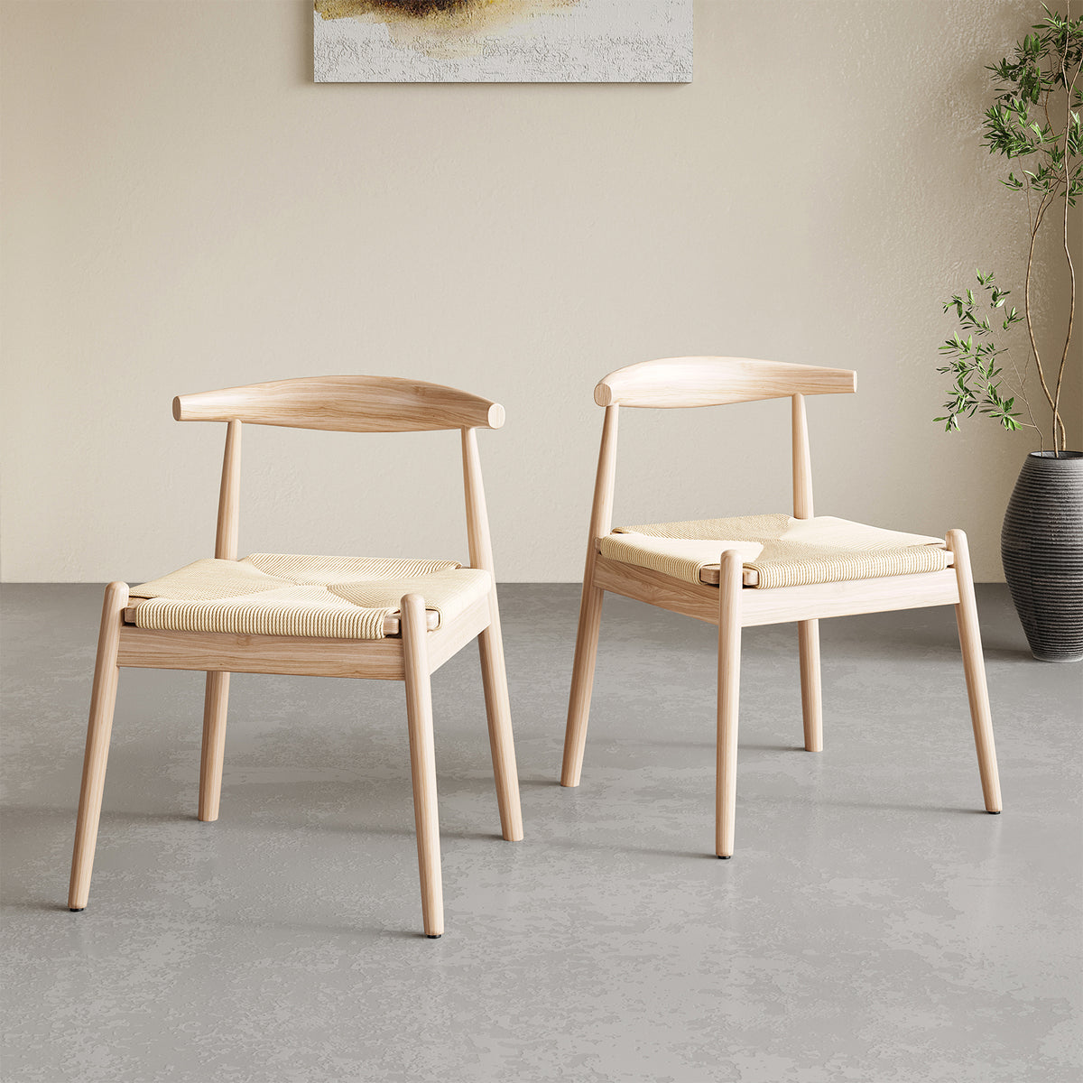 Weave Dining Chairs Set of 2, Mid-Century Modern Kitchen Chair with Solid Oak Frame & Handwoven Seat for Living Dining Room