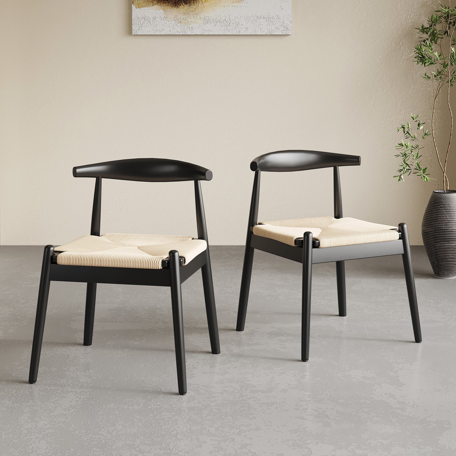 Weave Dining Chairs Set of 2, Mid-Century Modern Kitchen Chair with Solid Oak Frame & Handwoven Seat for Living Dining Room
