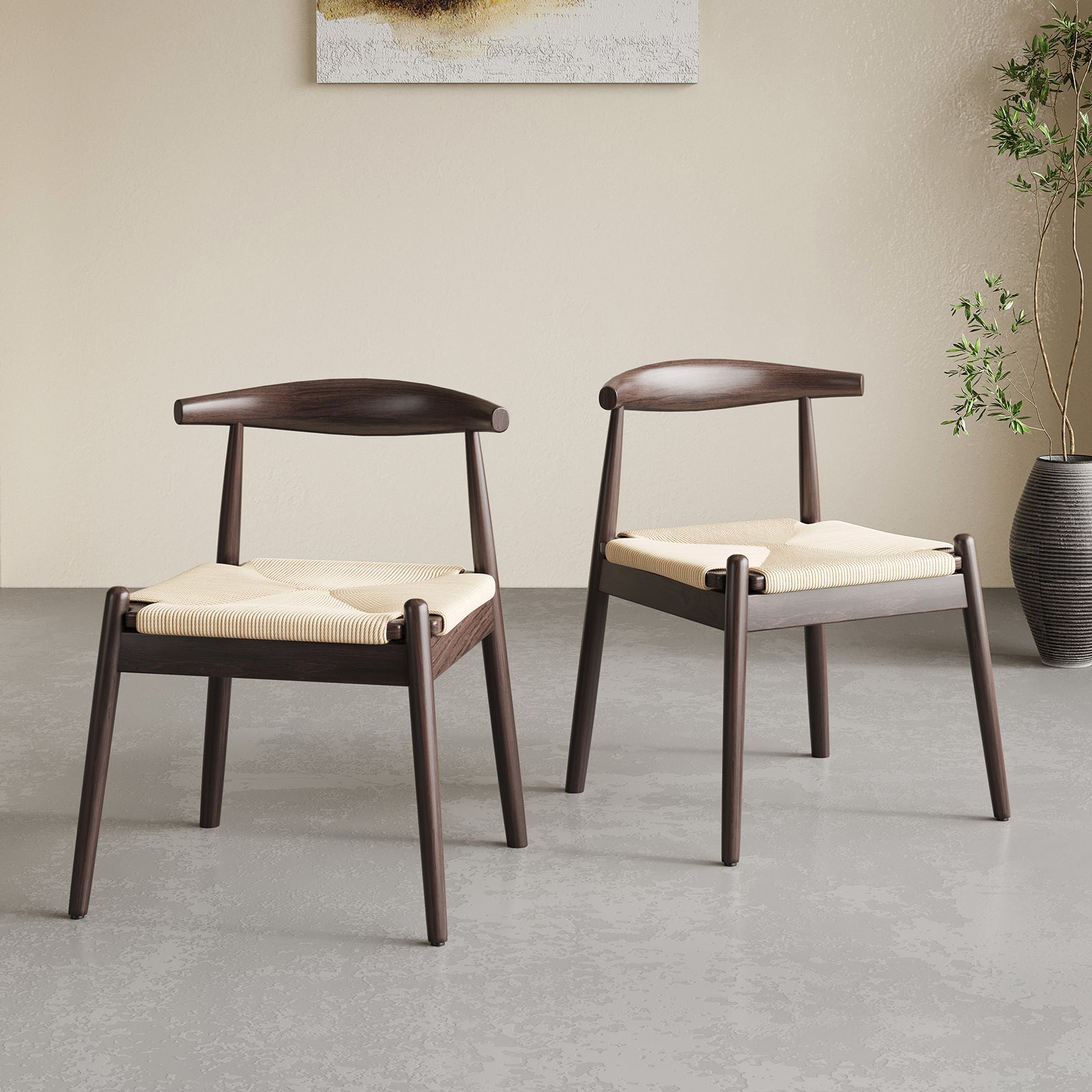 Weave Dining Chairs Set of 2, Mid-Century Modern Kitchen Chair with Solid Oak Frame & Handwoven Seat for Living Dining Room