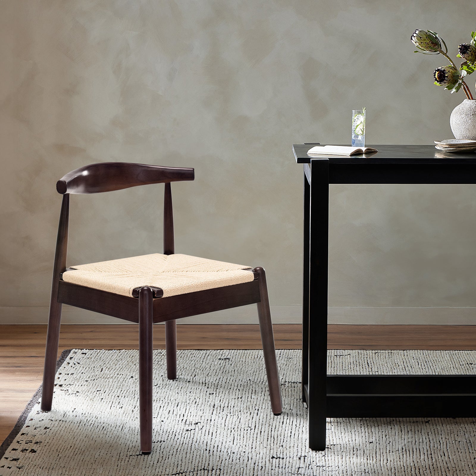 Weave Dining Chairs Set of 2, Mid-Century Modern Kitchen Chair with Solid Oak Frame & Handwoven Seat for Living Dining Room