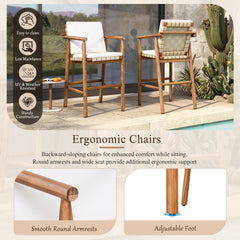 Outdoor Counter Height Bar Stools Chair Set of 2, Modern Patio Acacia Wooden Stools with Backrest Arm and Webbing Seat, for Patio, Pool, Garden, Beige Cushions Included